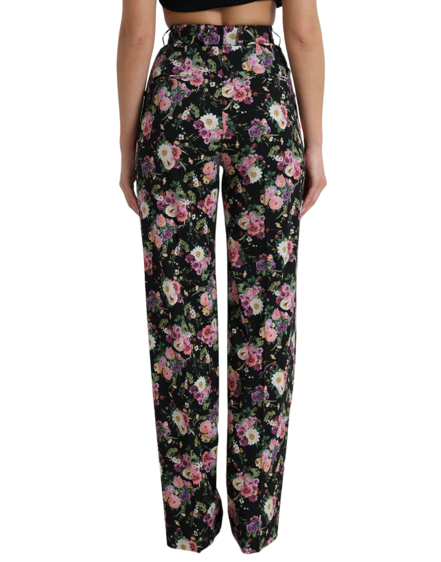 Dolce &amp; Gabbana Black Floral Wool High Waist Malapad na Pantalon sa binti