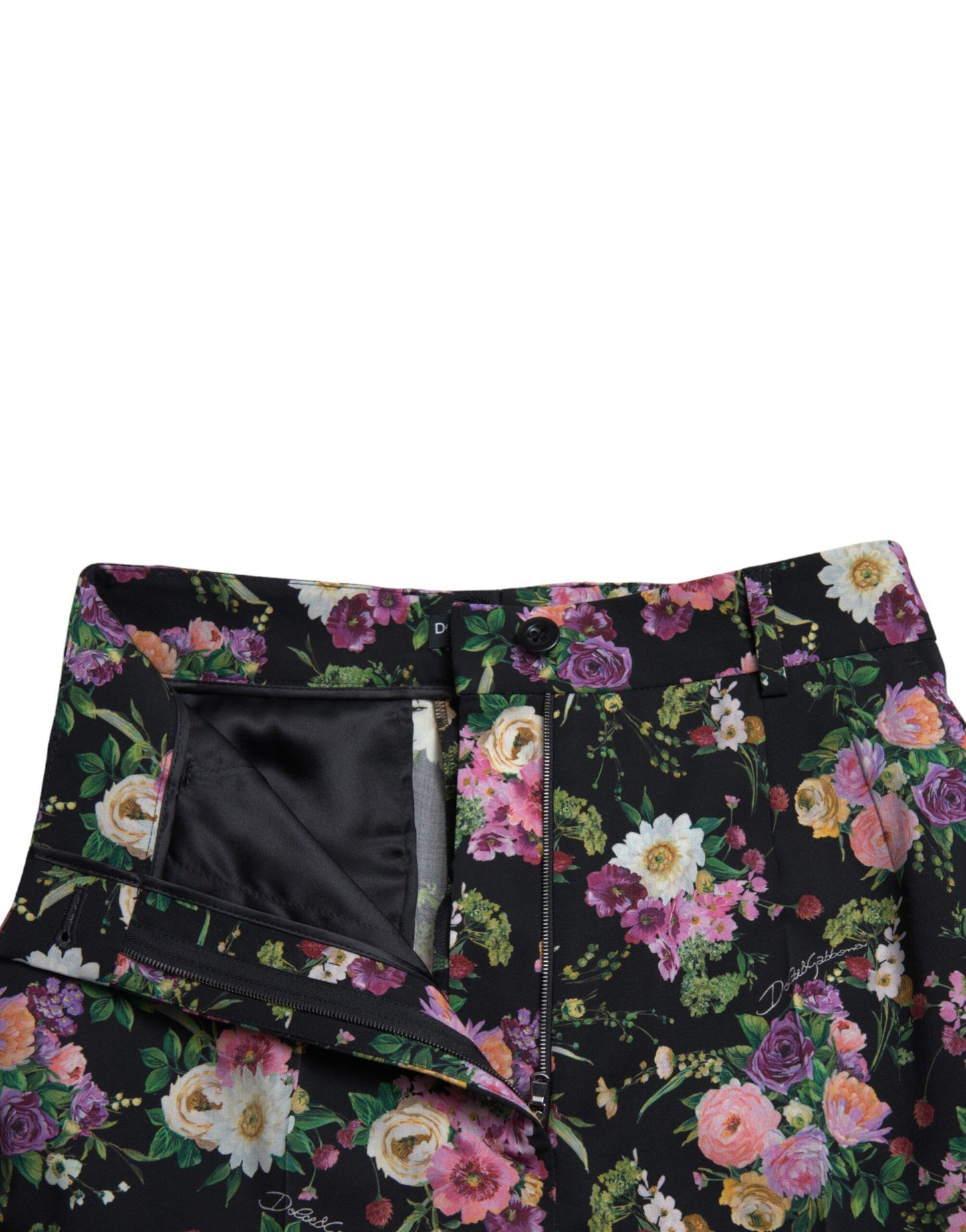 Dolce &amp; Gabbana Black Floral Wool High Waist Malapad na Pantalon sa binti