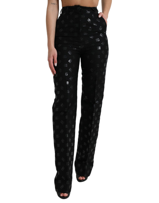 Dolce &amp; Gabbana Black Wool DG Logo High Waist Straight Pants