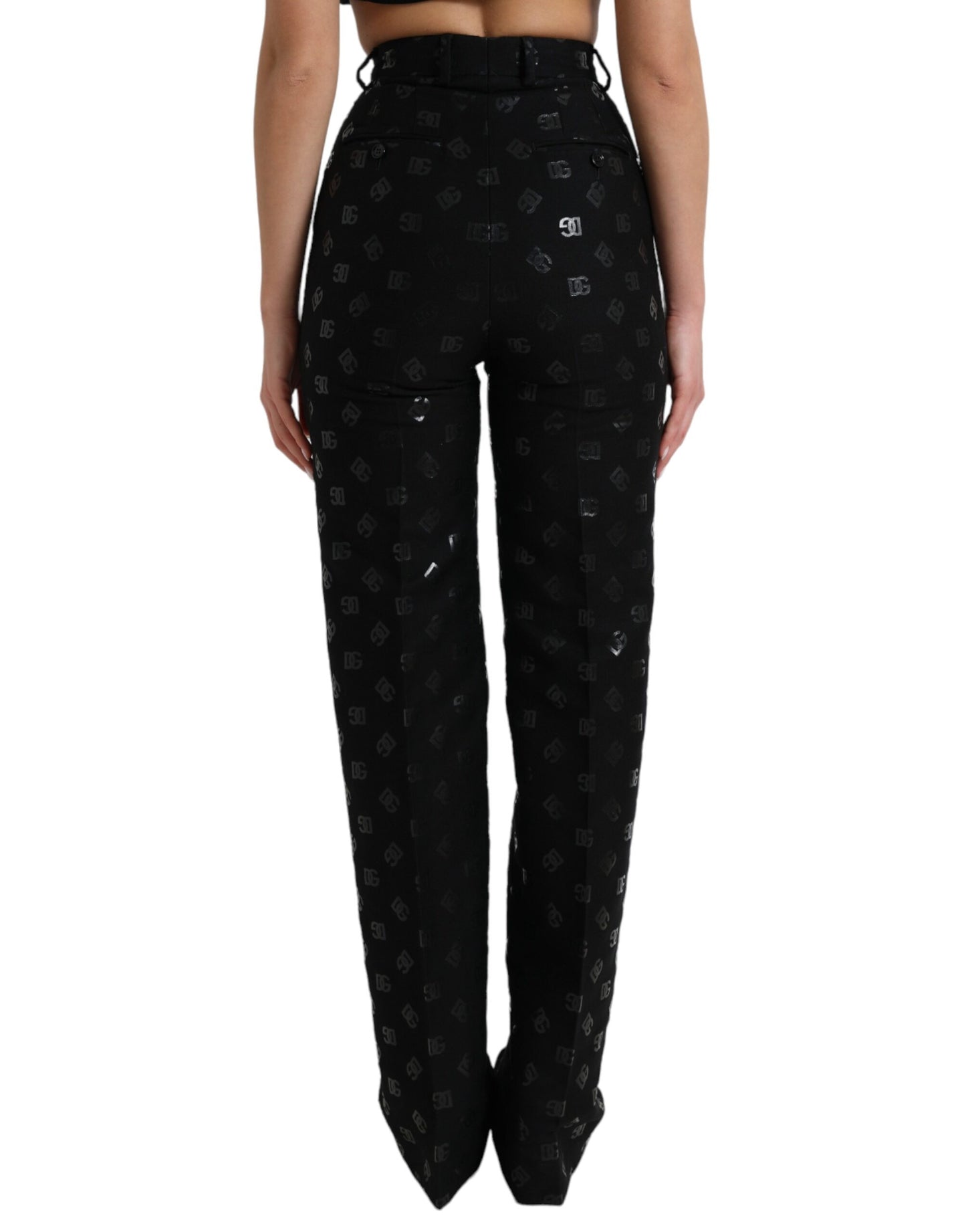 Dolce &amp; Gabbana Black Wool DG Logo High Waist Straight Pants