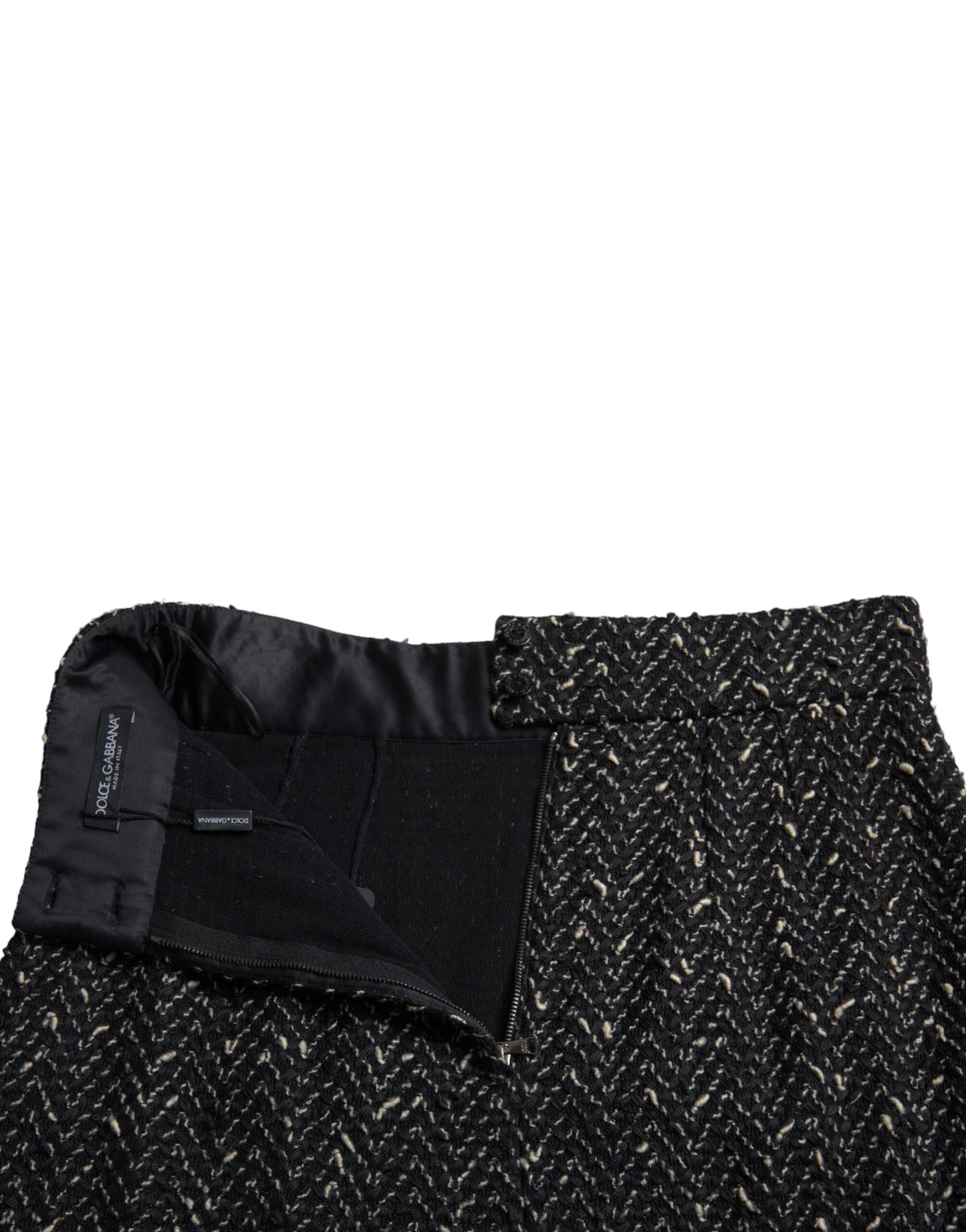 Dolce &amp; Gabbana Schwarzer Minirock aus Wollstrick-Tweed mit hoher Taille