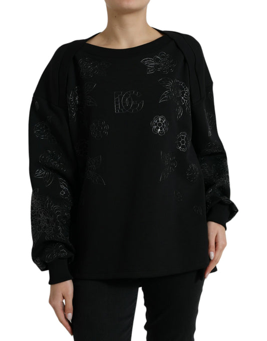 Dolce &amp; Gabbana Black Pullover Floral Logo Applique Sweater