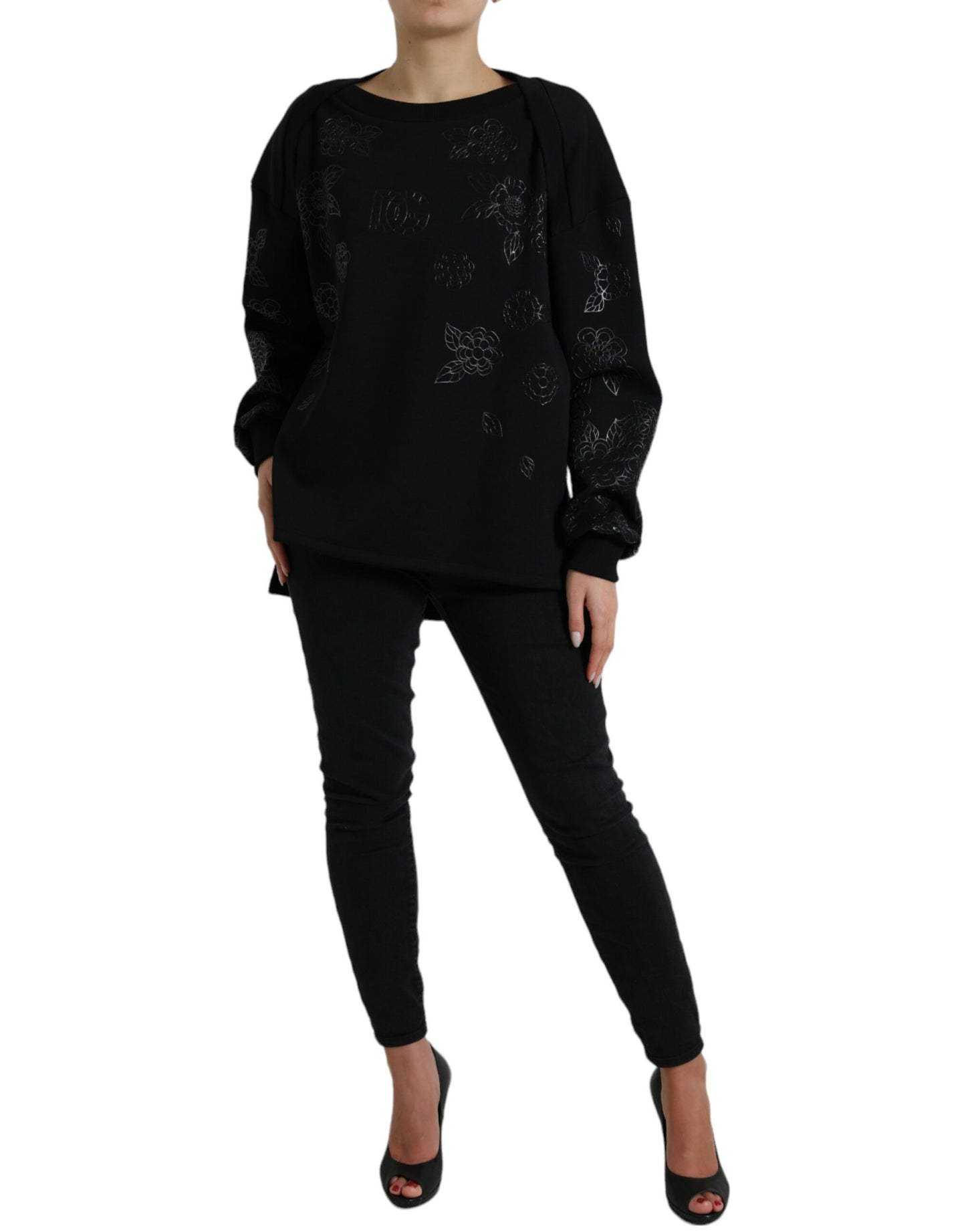 Dolce &amp; Gabbana Black Pullover Floral Logo Applique Sweater