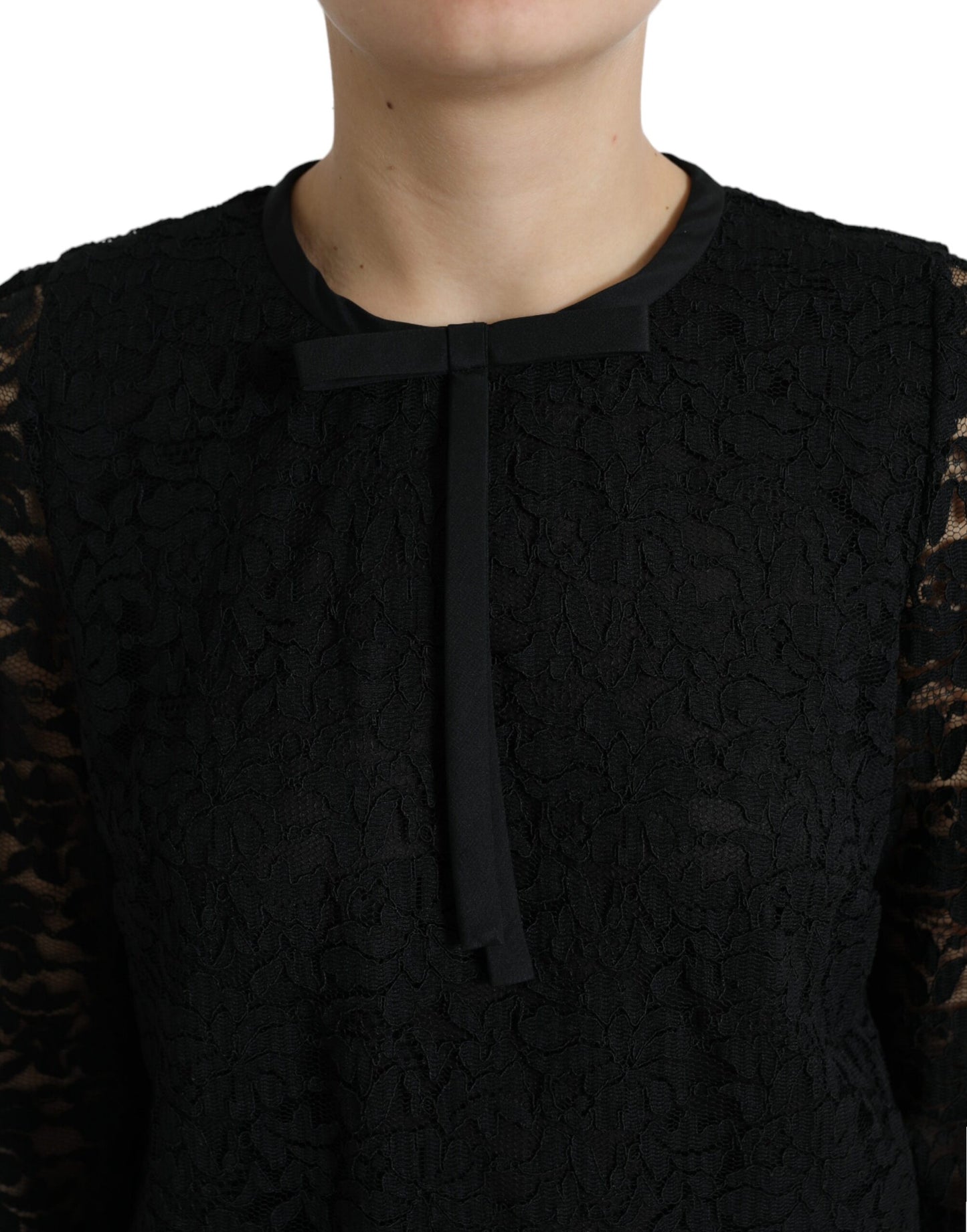 Dolce &amp; Gabbana Schwarzes STAFF-Bluse-Nylonoberteil mit Blumenspitze