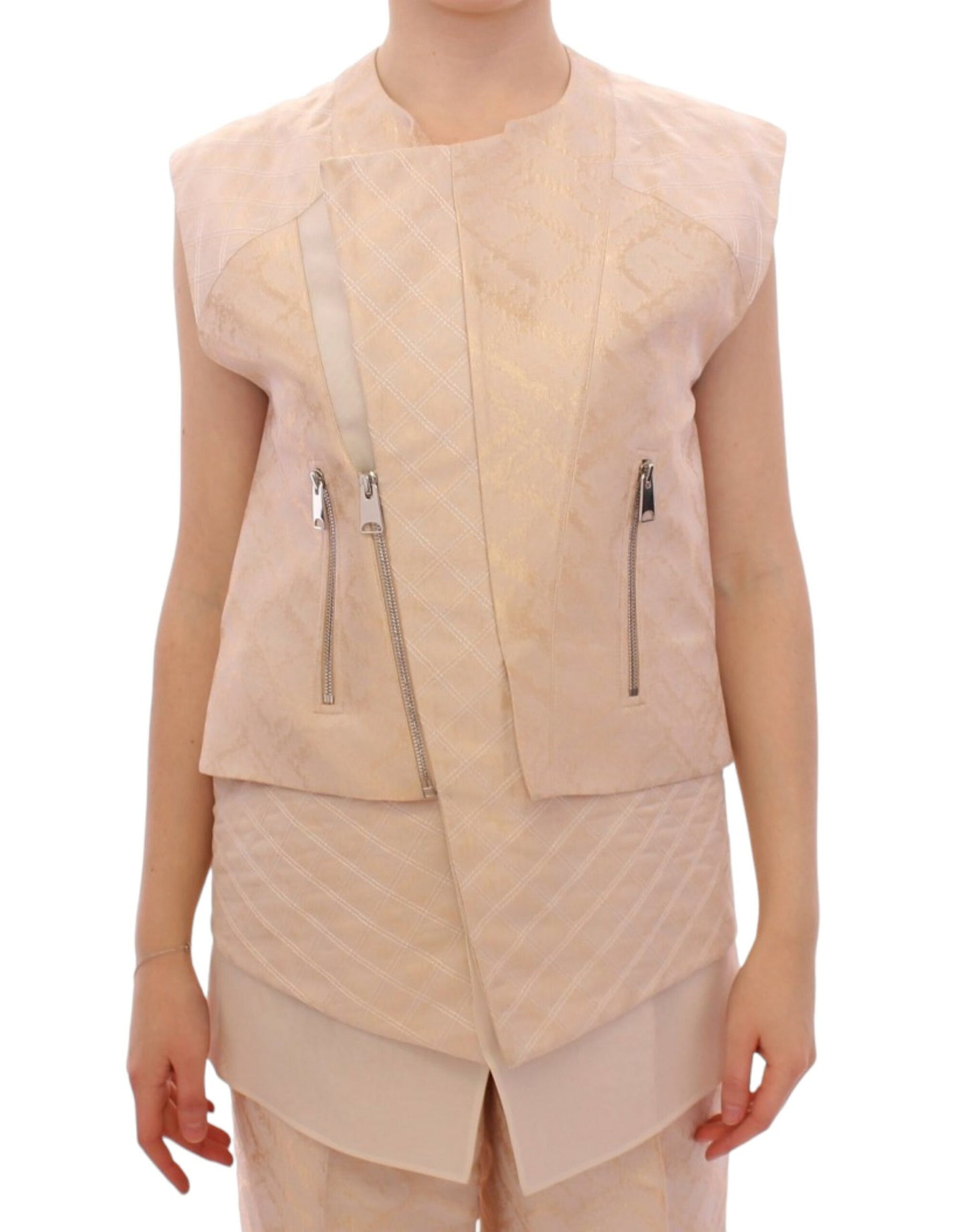 Zeyneptosun Beige brocade na walang manggas na jacket