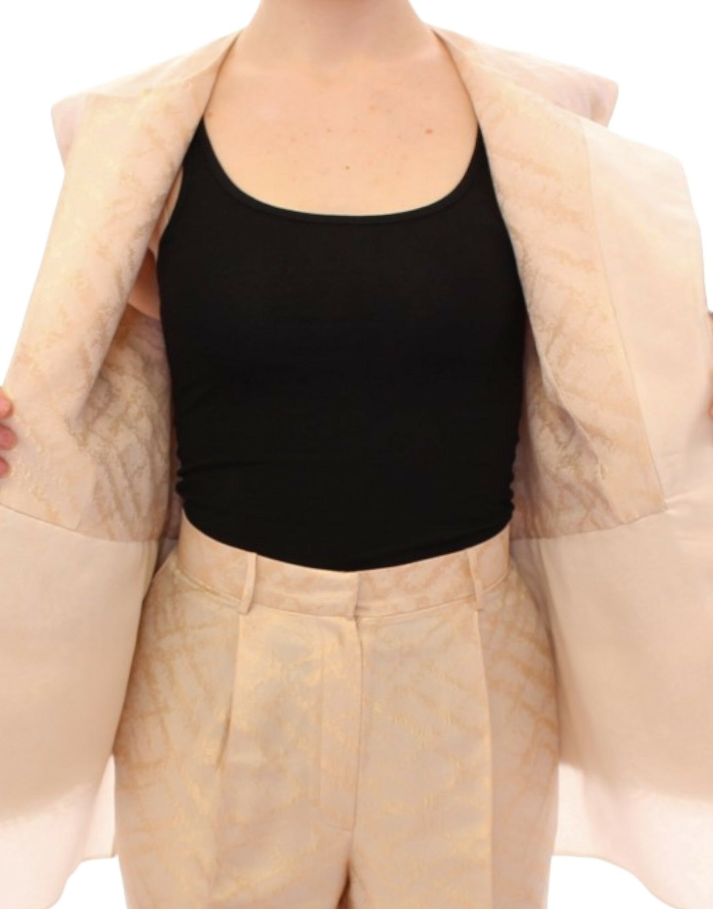 Zeyneptosun Beige brocade na walang manggas na jacket