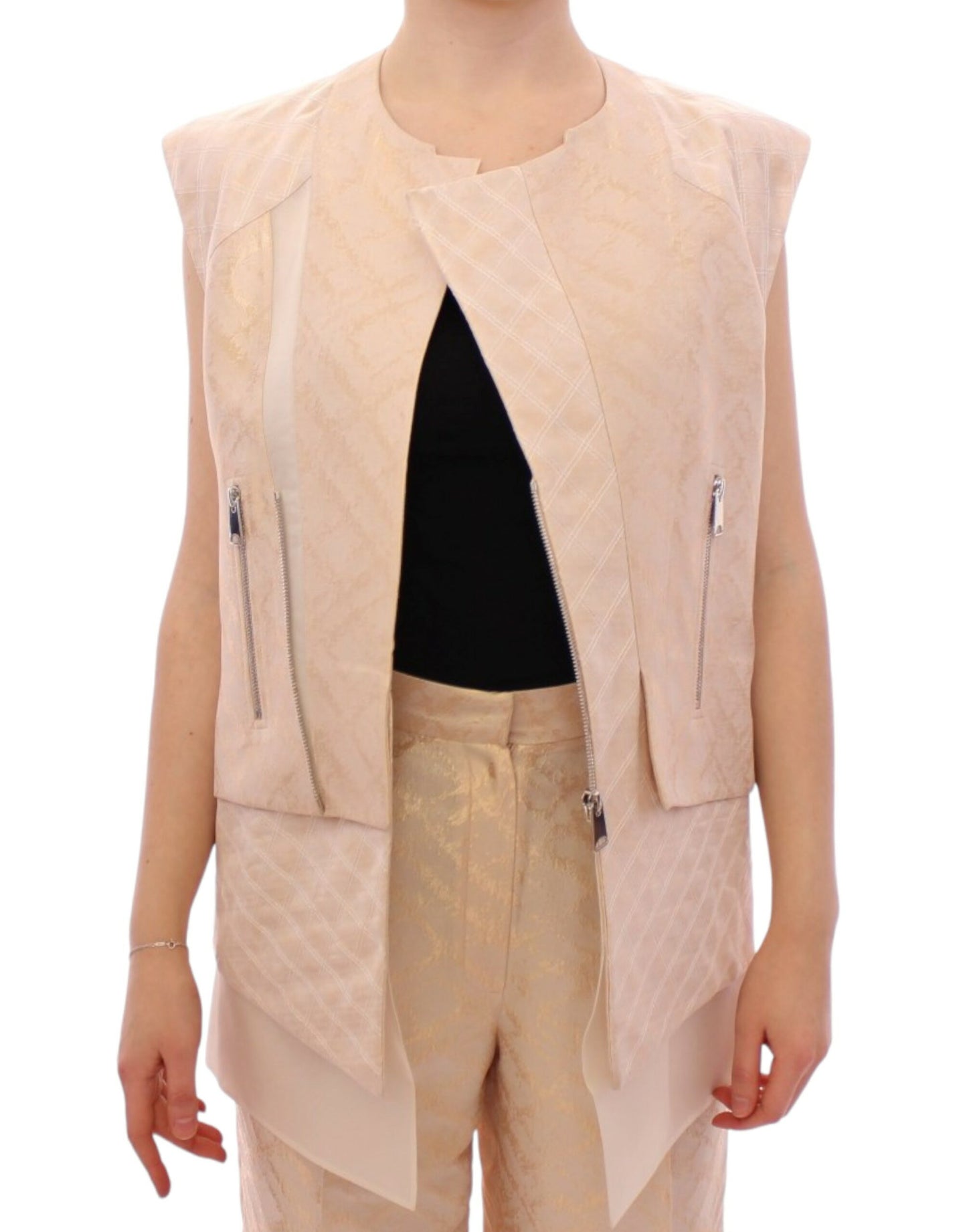 Zeyneptosun Beige brocade na walang manggas na jacket