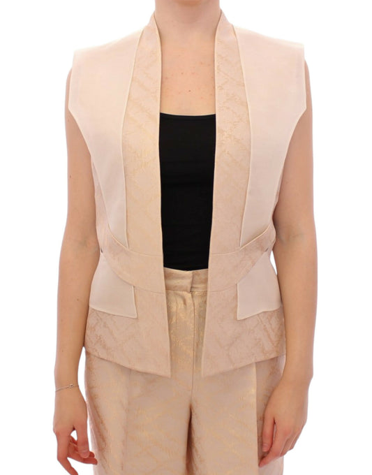 Zeyneptosun Beige brocade na walang manggas na jacket vest