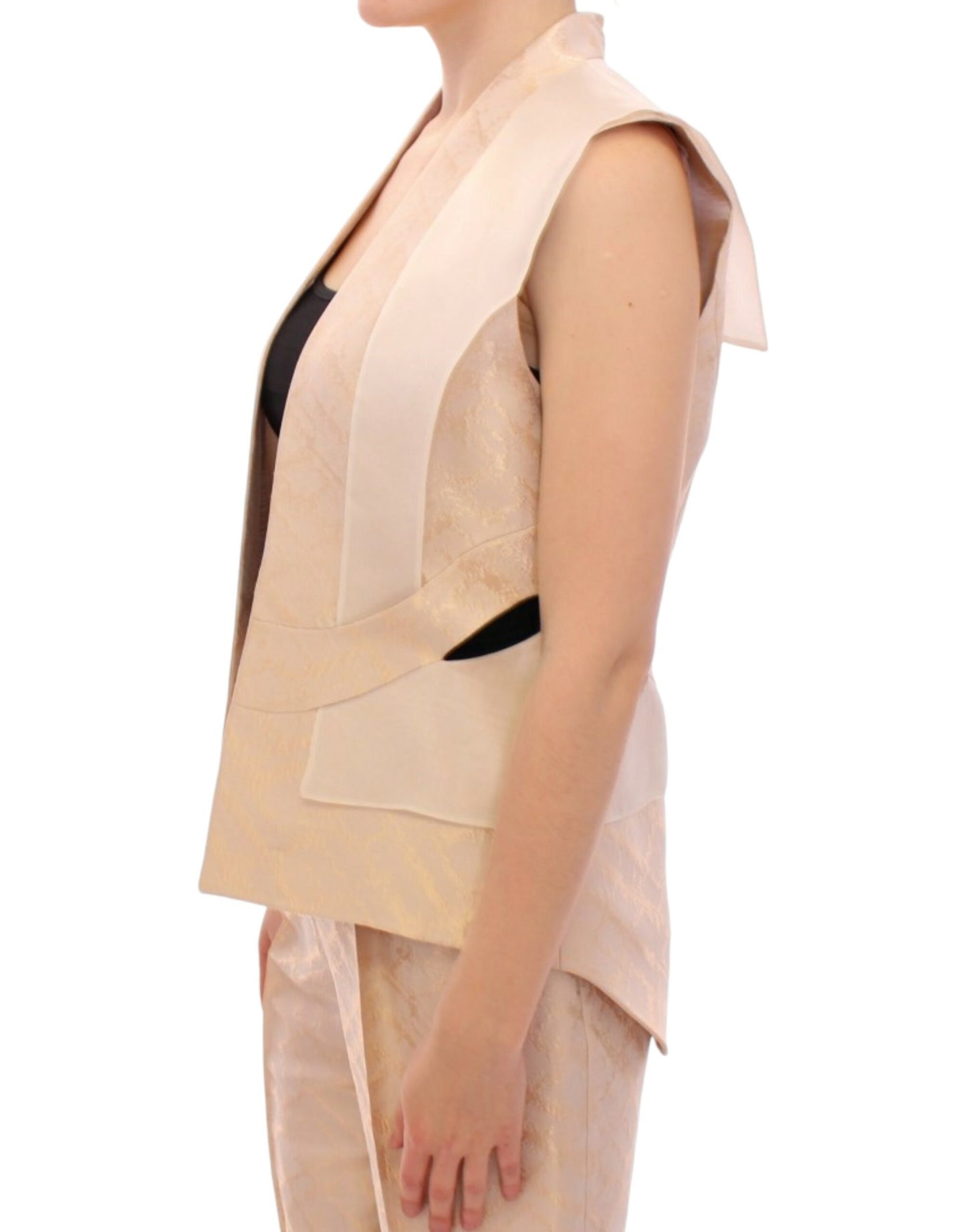 Zeyneptosun Beige brocade na walang manggas na jacket vest