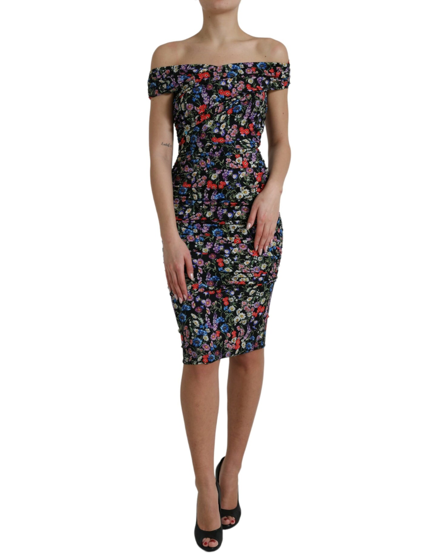 Dolce &amp; Gabbana Multicolor Floral Sheath Off Shoulder Dress