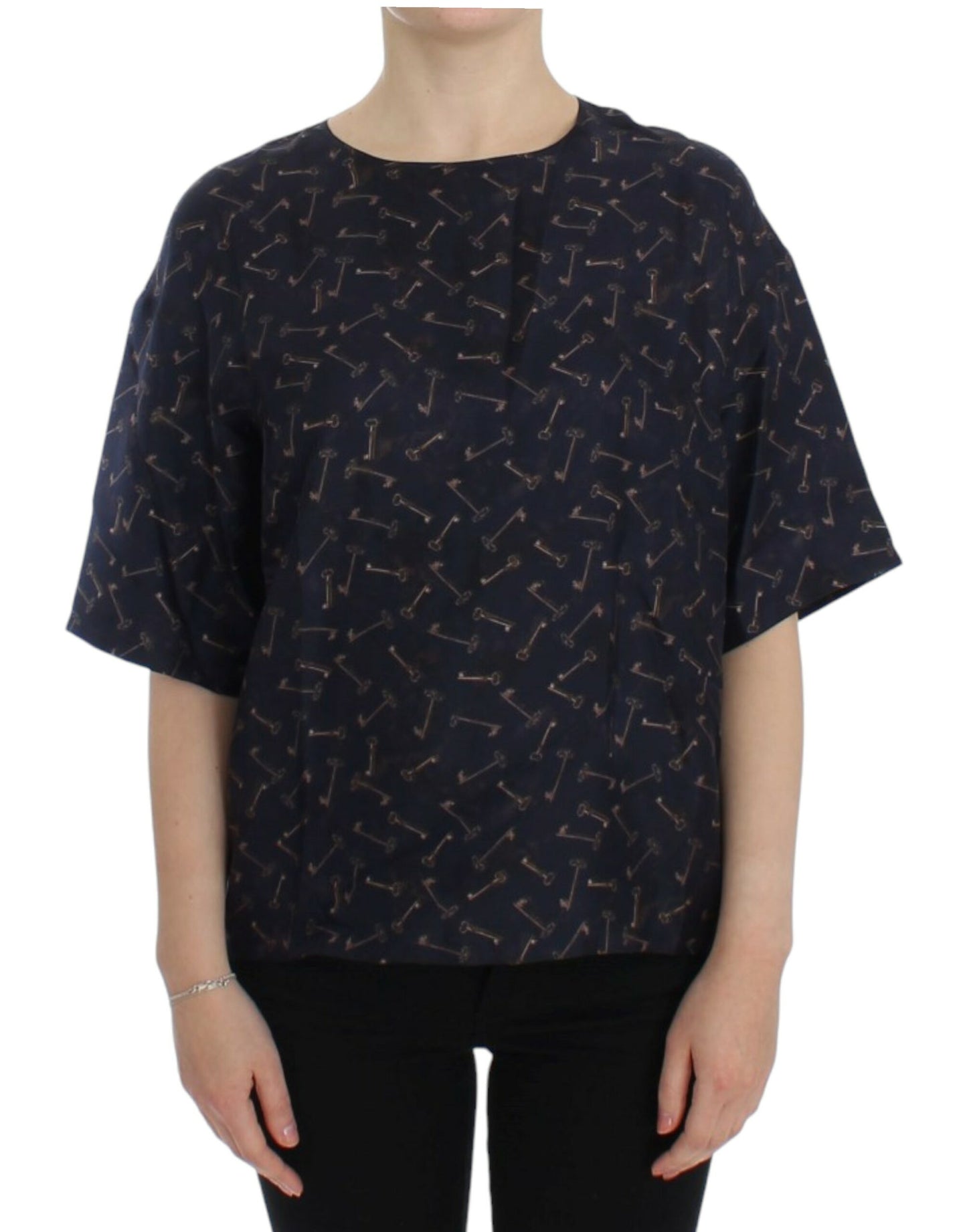 Dolce &amp; Gabbana Blue gold key print silk blouse