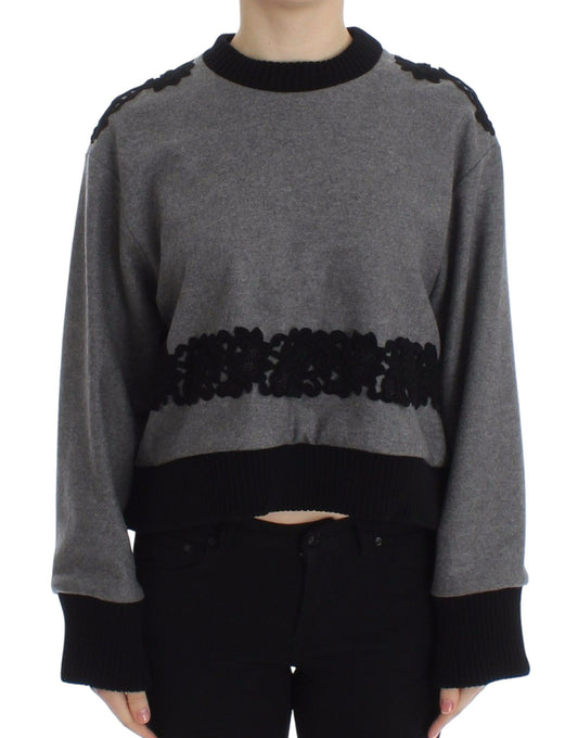 Dolce &amp; Gabbana Grey Black Lace Wool Cashmere Sweater