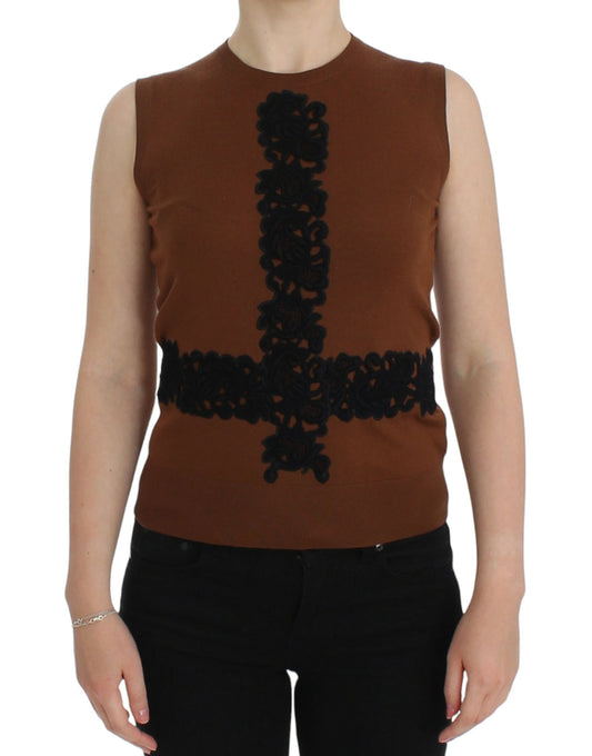 Dolce &amp; Gabbana Brown Wool Black Lace Vest Sweater Top