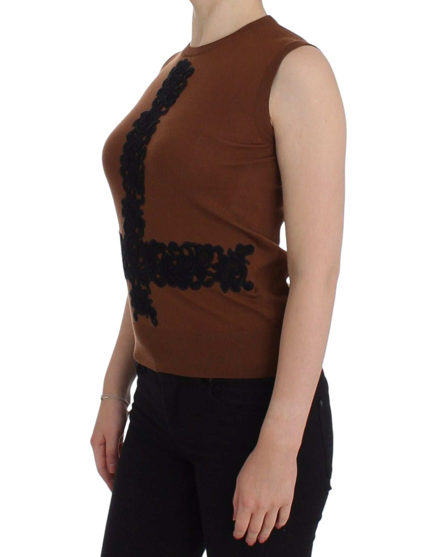 Dolce &amp; Gabbana Brown Wool Black Lace Vest Sweater Top