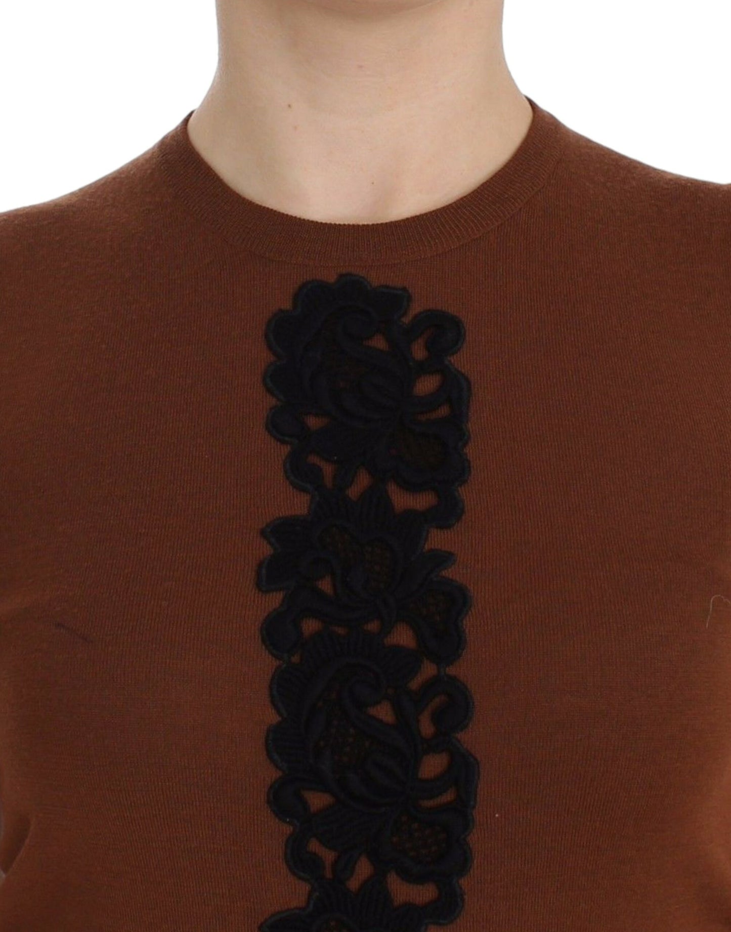 Dolce &amp; Gabbana Brown Wool Black Lace Vest Sweater Top