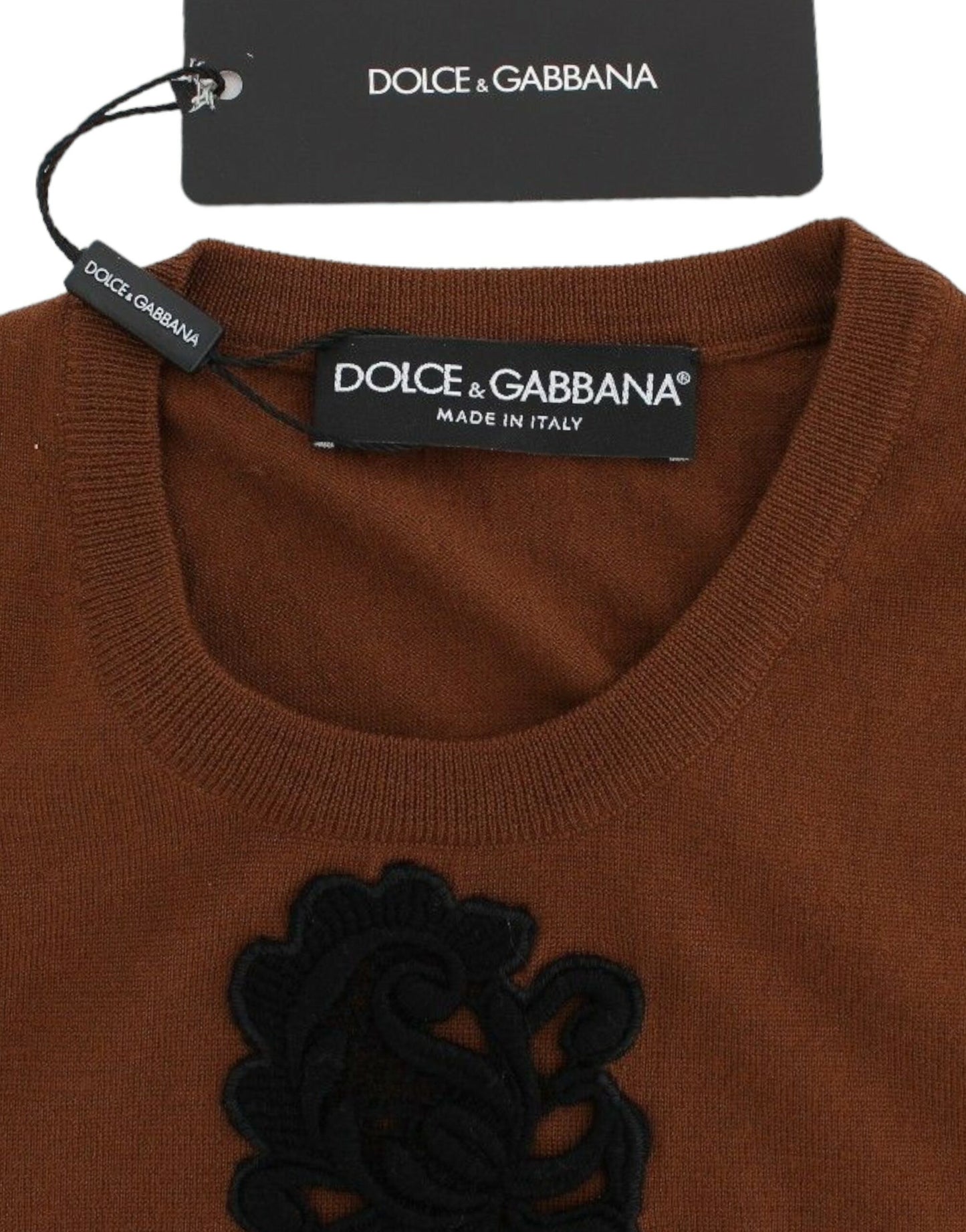 Dolce &amp; Gabbana Brown Wool Black Lace Vest Sweater Top