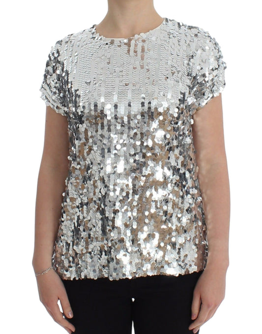 Dolce &amp; Gabbana Silver Sequined Crewneck Blouse T-shirt Top