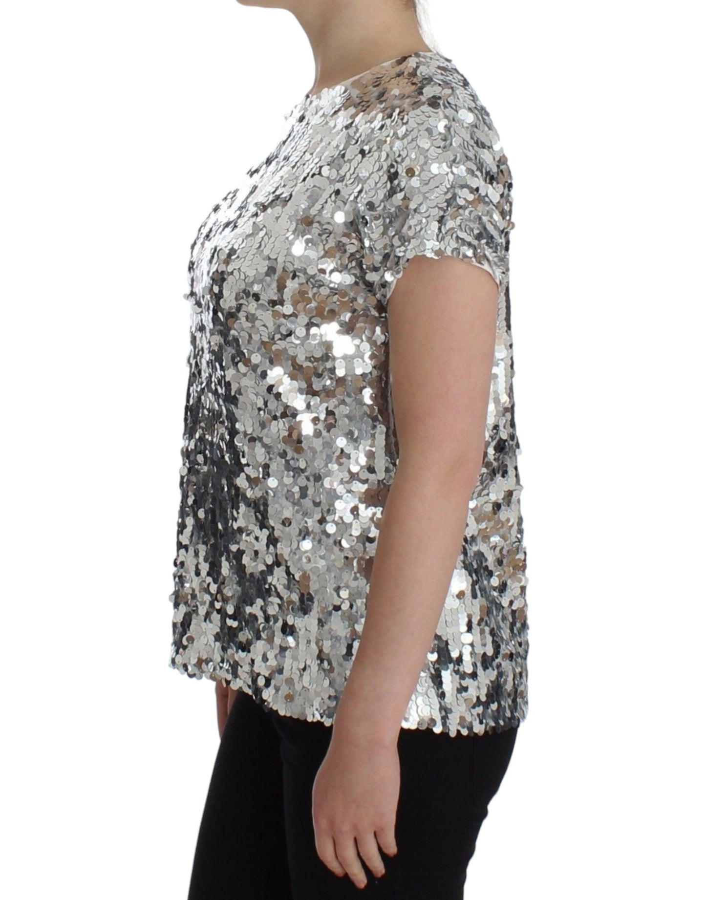 Dolce &amp; Gabbana Silver Sequined Crewneck Blouse T-shirt Top