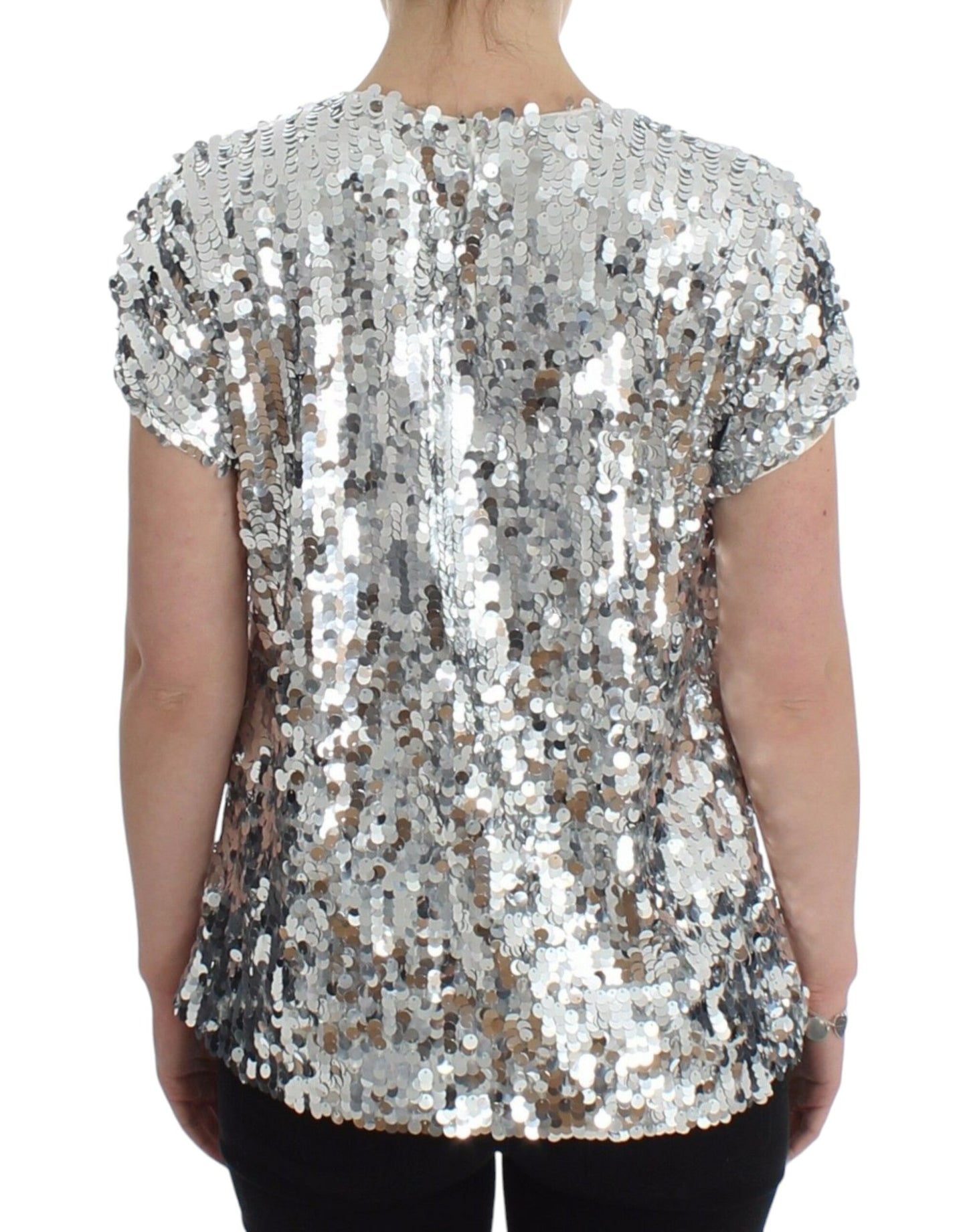 Dolce &amp; Gabbana Silver Sequined Crewneck Blouse T-shirt Top