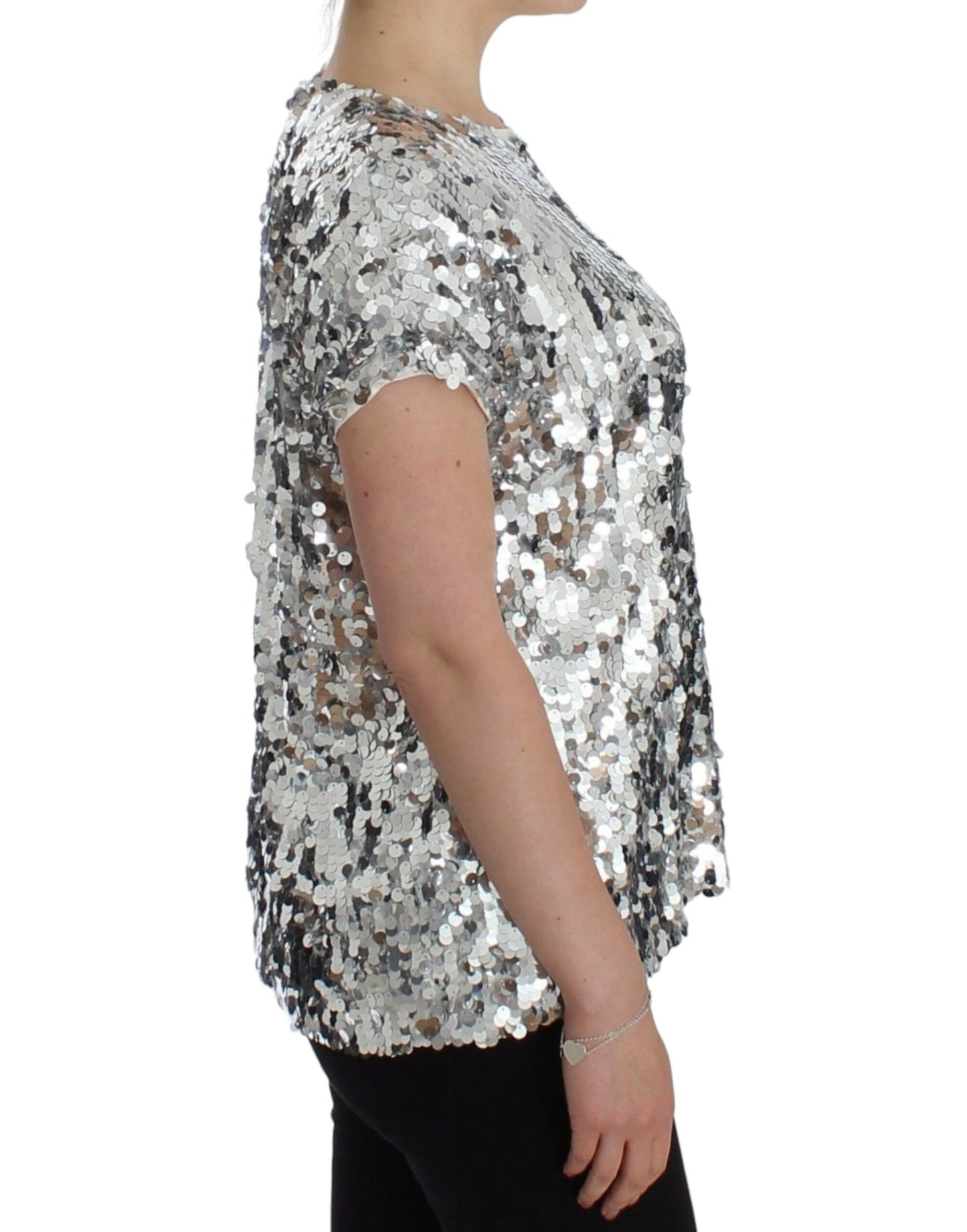 Dolce &amp; Gabbana Silver Sequined Crewneck Blouse T-shirt Top