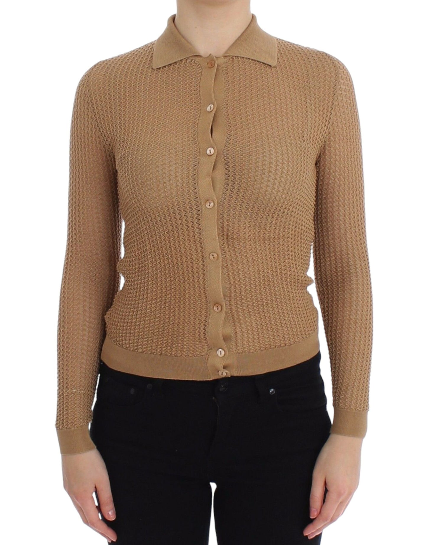 Beige gestrickter Polo-Cardigan-Pullover aus Baumwolle von Dolce &amp; Gabbana