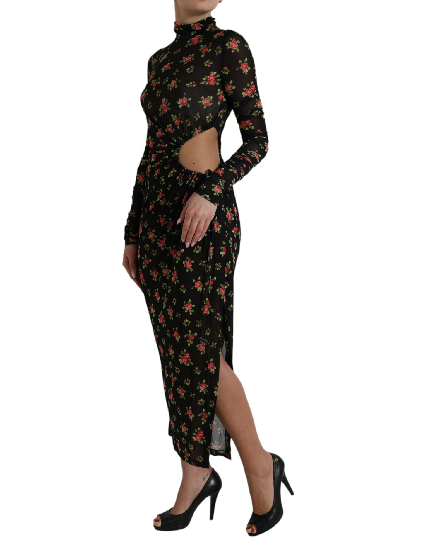 Dolce &amp; Gabbana Black Floral Cut Out Sheath Long Maxi Dress