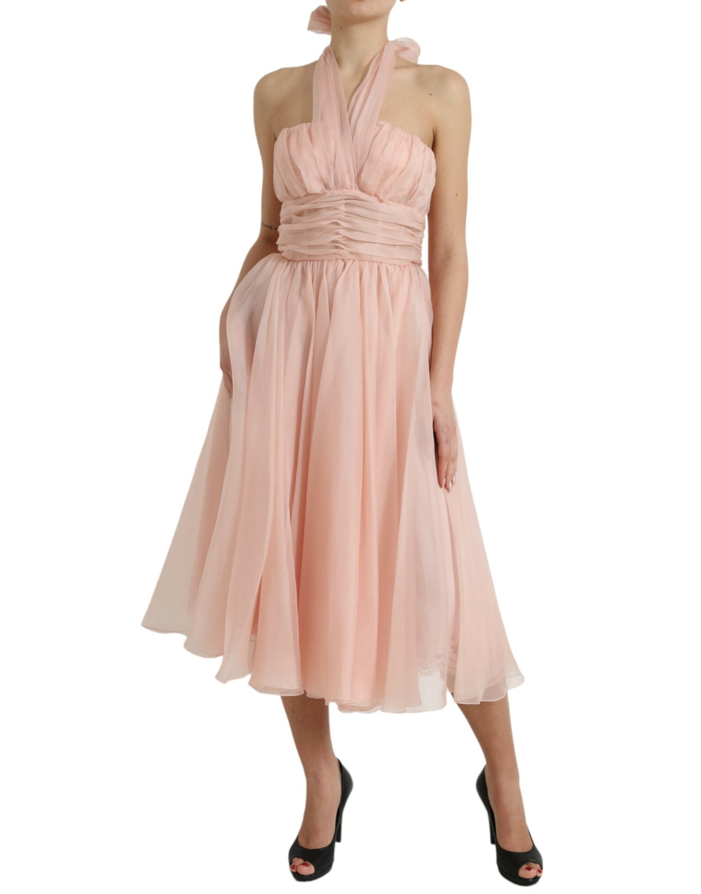 Dolce &amp; Gabbana Pink Silk Chiffon Halter A-line Pleated Midi Dress