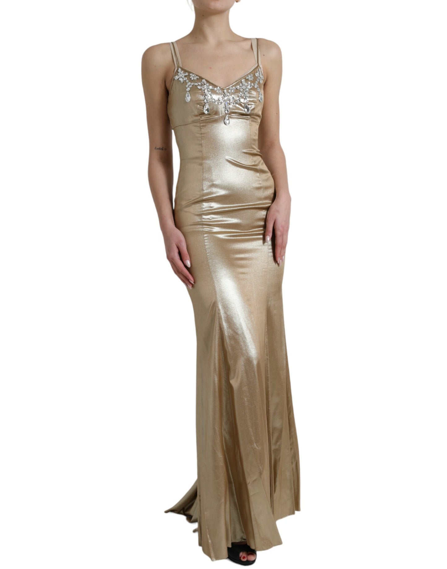 Dolce &amp; Gabbana Metallic Gold Crystal Embellished Gown Dress