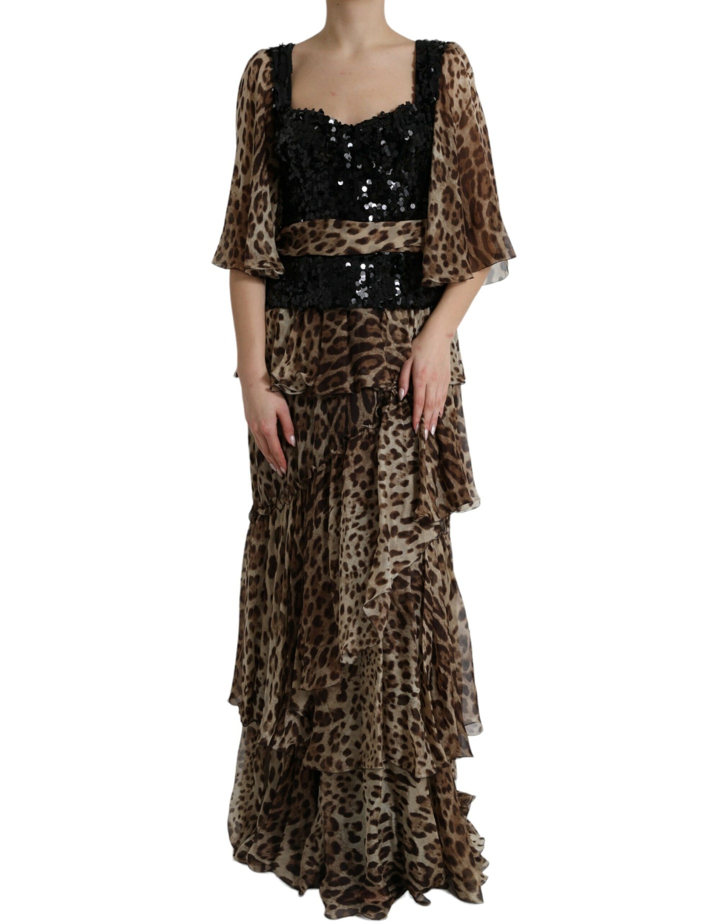 Dolce &amp; Gabbana Brown Leopard Sequined Tiered Long Gown Dress