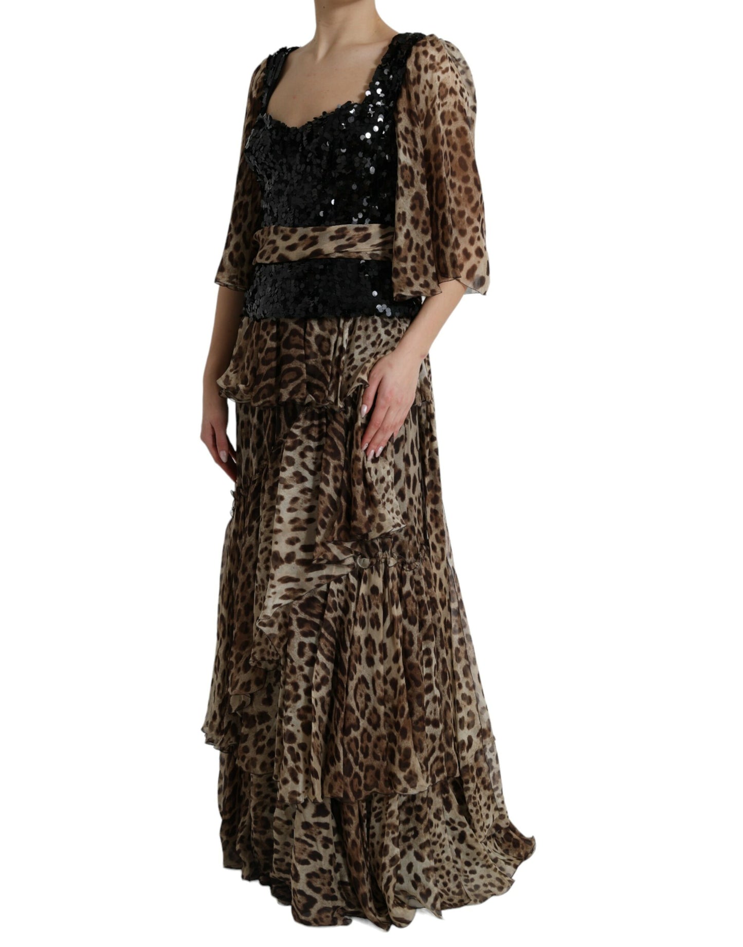 Dolce &amp; Gabbana Brown Leopard Sequined Tiered Long Gown Dress