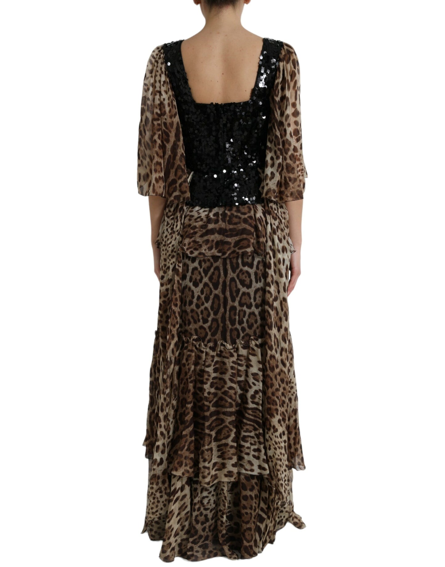 Dolce &amp; Gabbana Brown Leopard Sequined Tiered Long Gown Dress