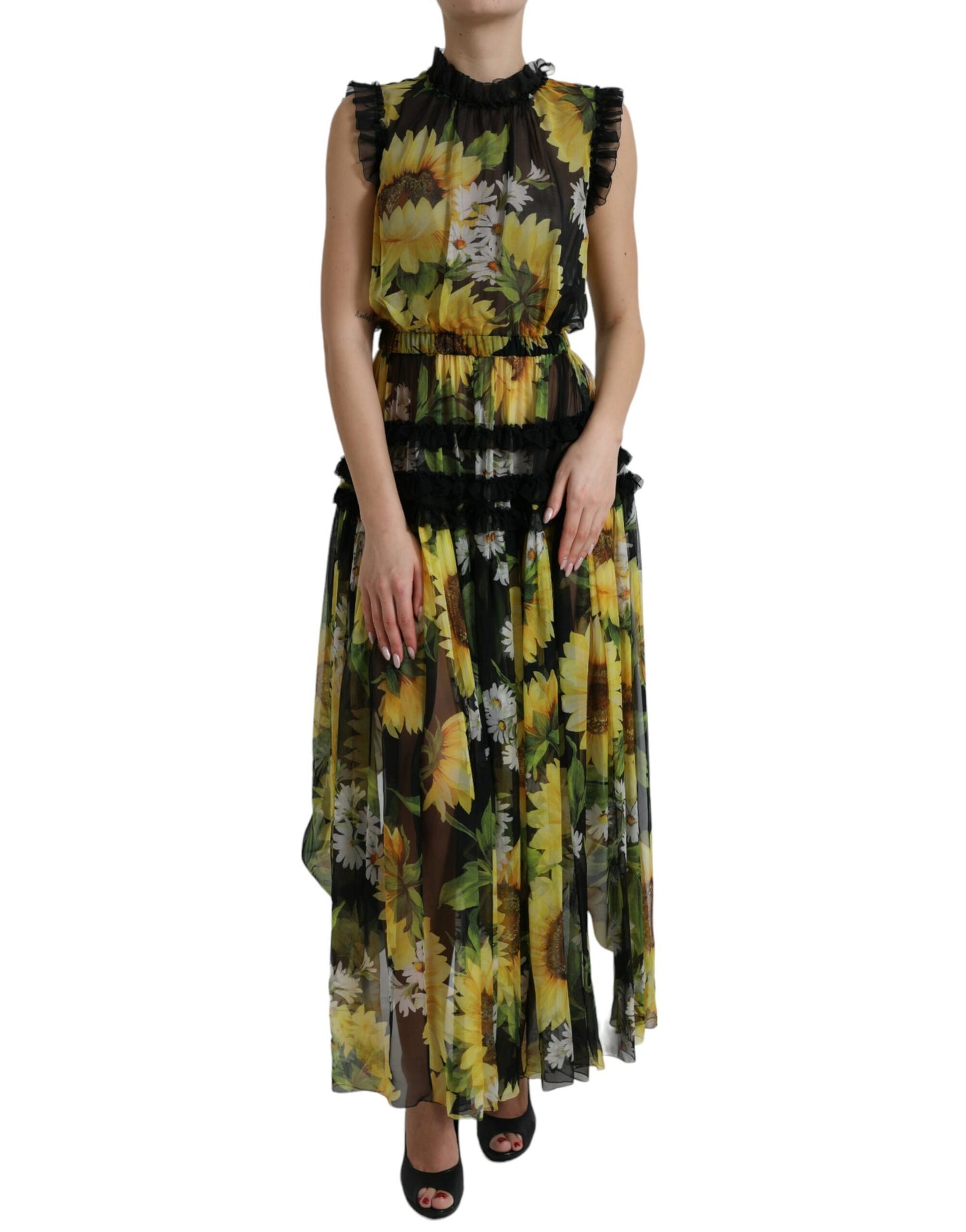 Dolce &amp; Gabbana Black Sunflower A-line Pleated Maxi Dress