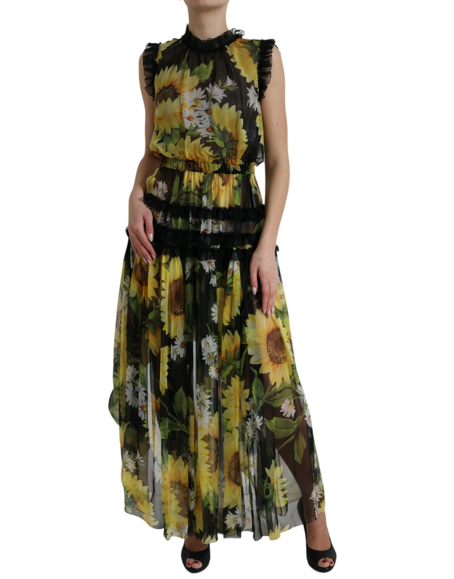 Dolce &amp; Gabbana Black Sunflower A-line Pleated Maxi Dress