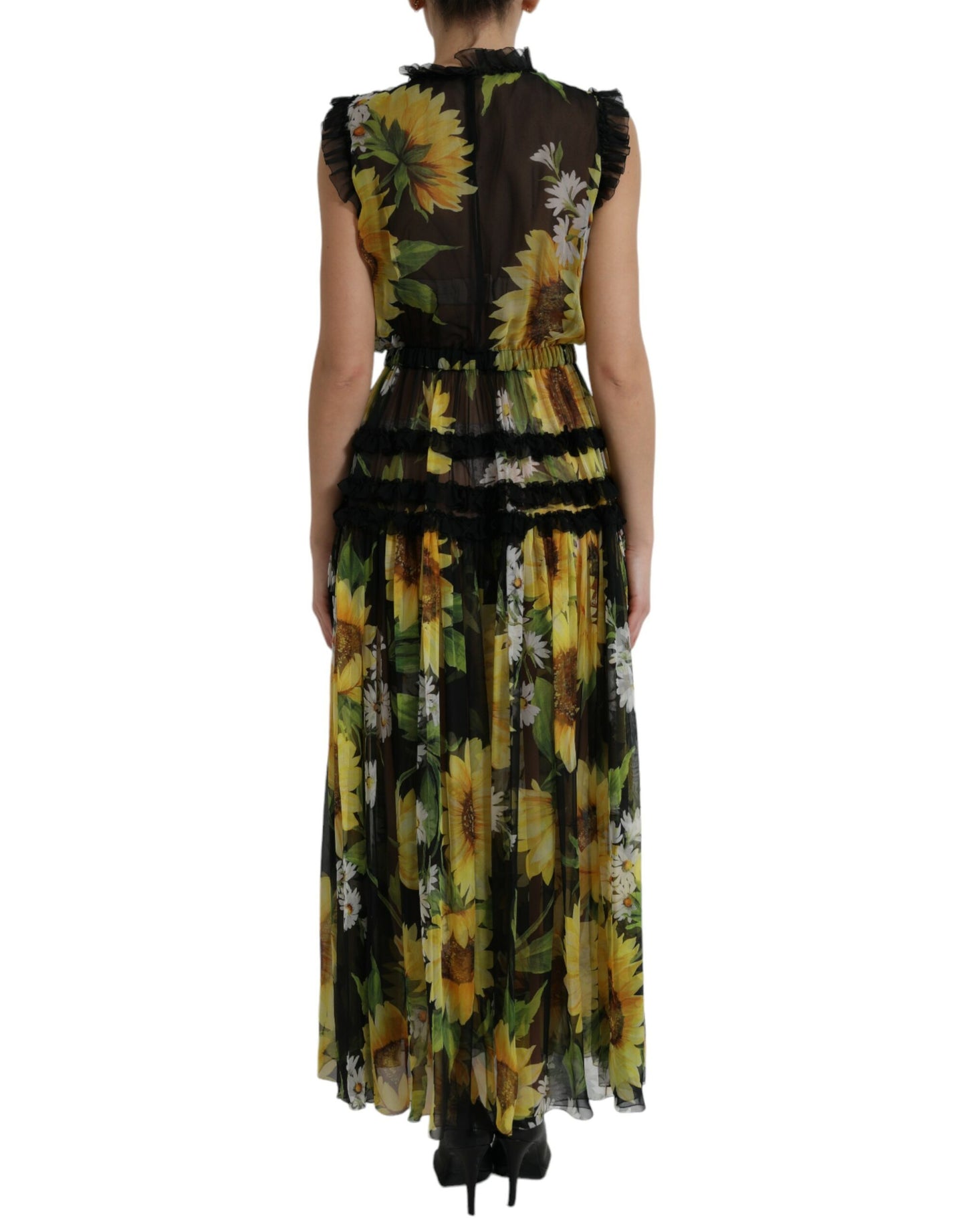 Dolce &amp; Gabbana Black Sunflower A-line Pleated Maxi Dress