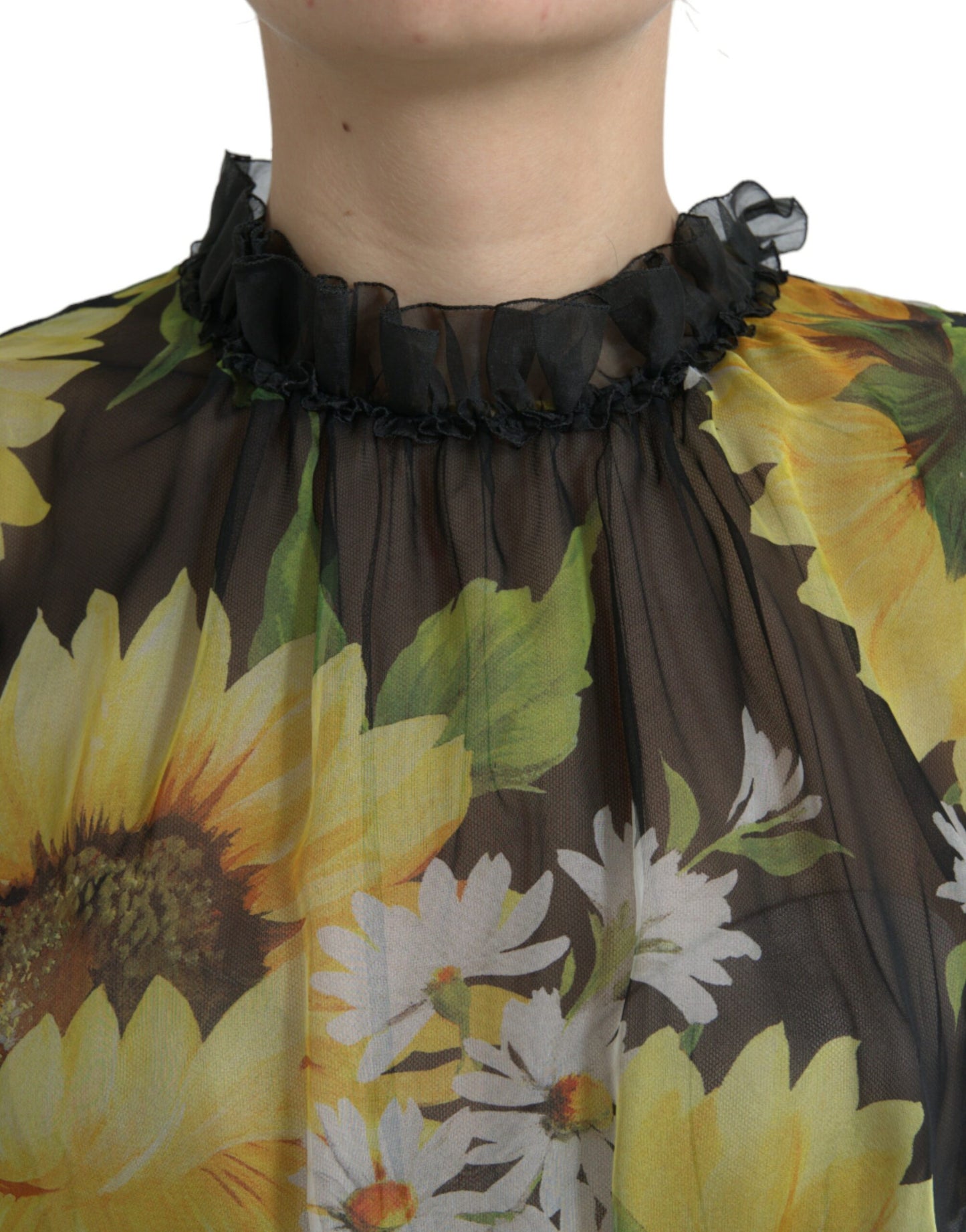 Dolce &amp; Gabbana Black Sunflower A-line Pleated Maxi Dress