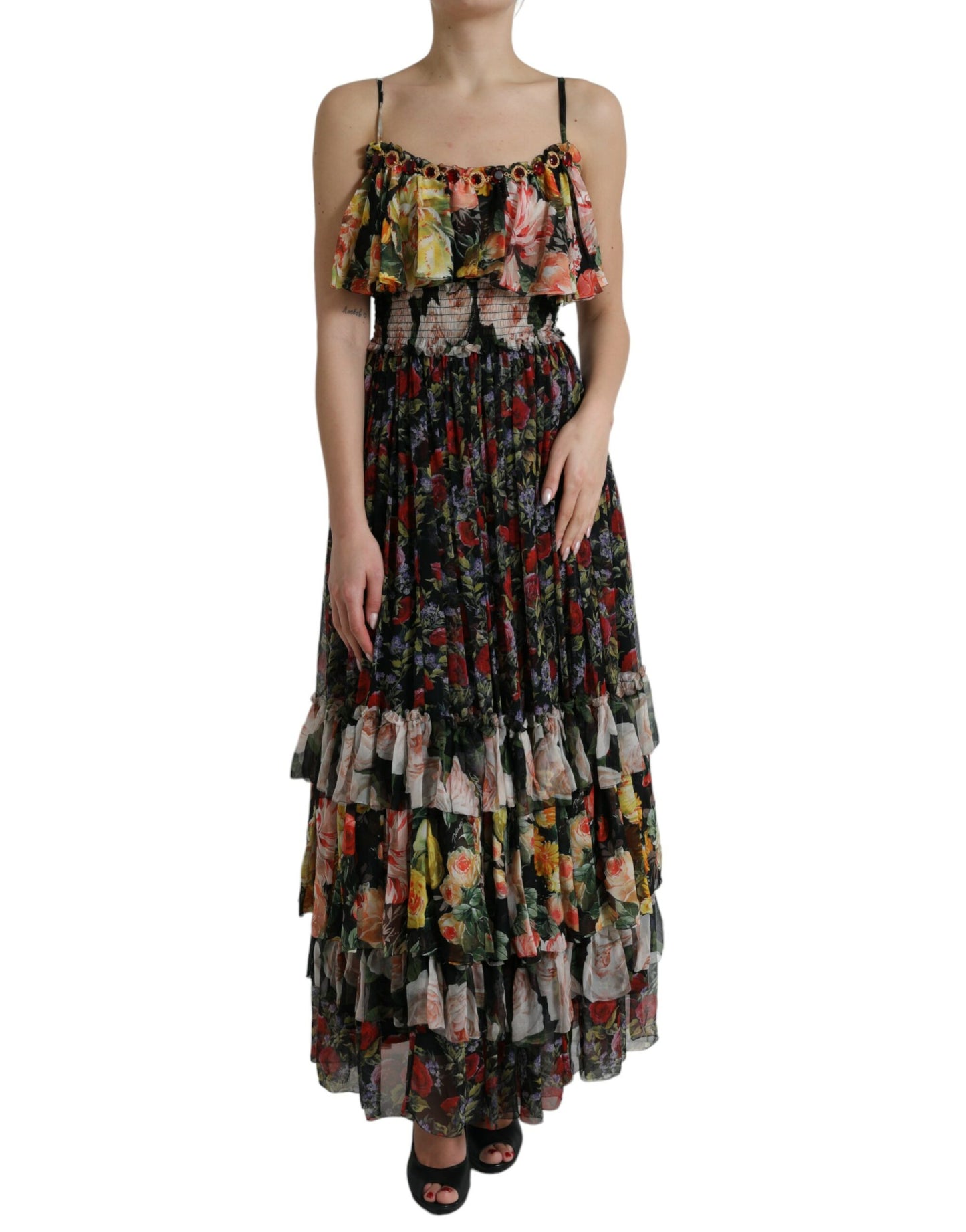 Dolce &amp; Gabbana Multicolor Floral Chiffon Tiered Maxi Dress