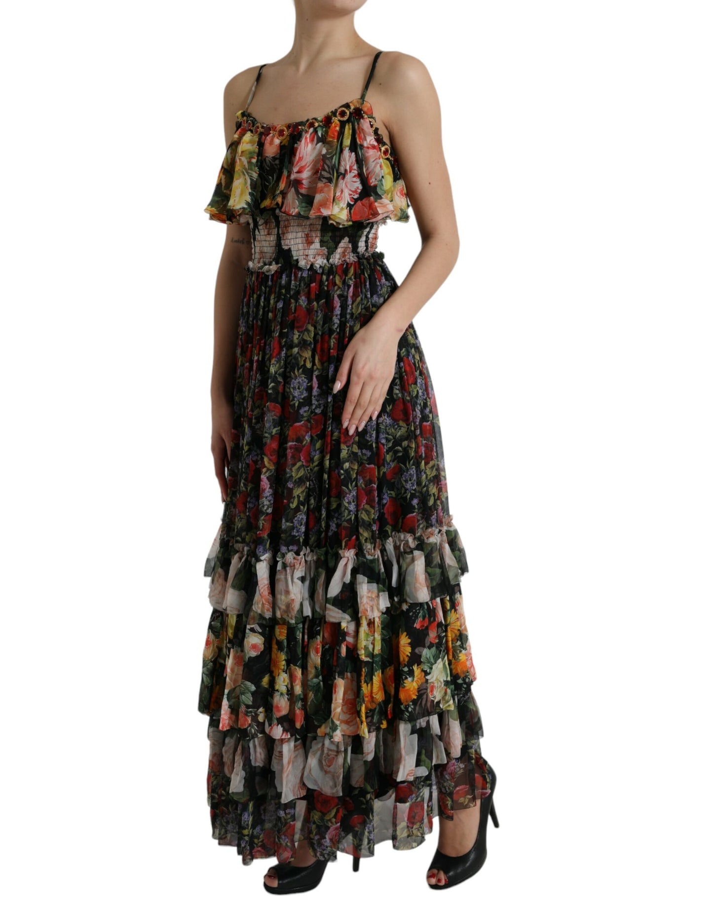 Dolce &amp; Gabbana Multicolor Floral Chiffon Tiered Maxi Dress