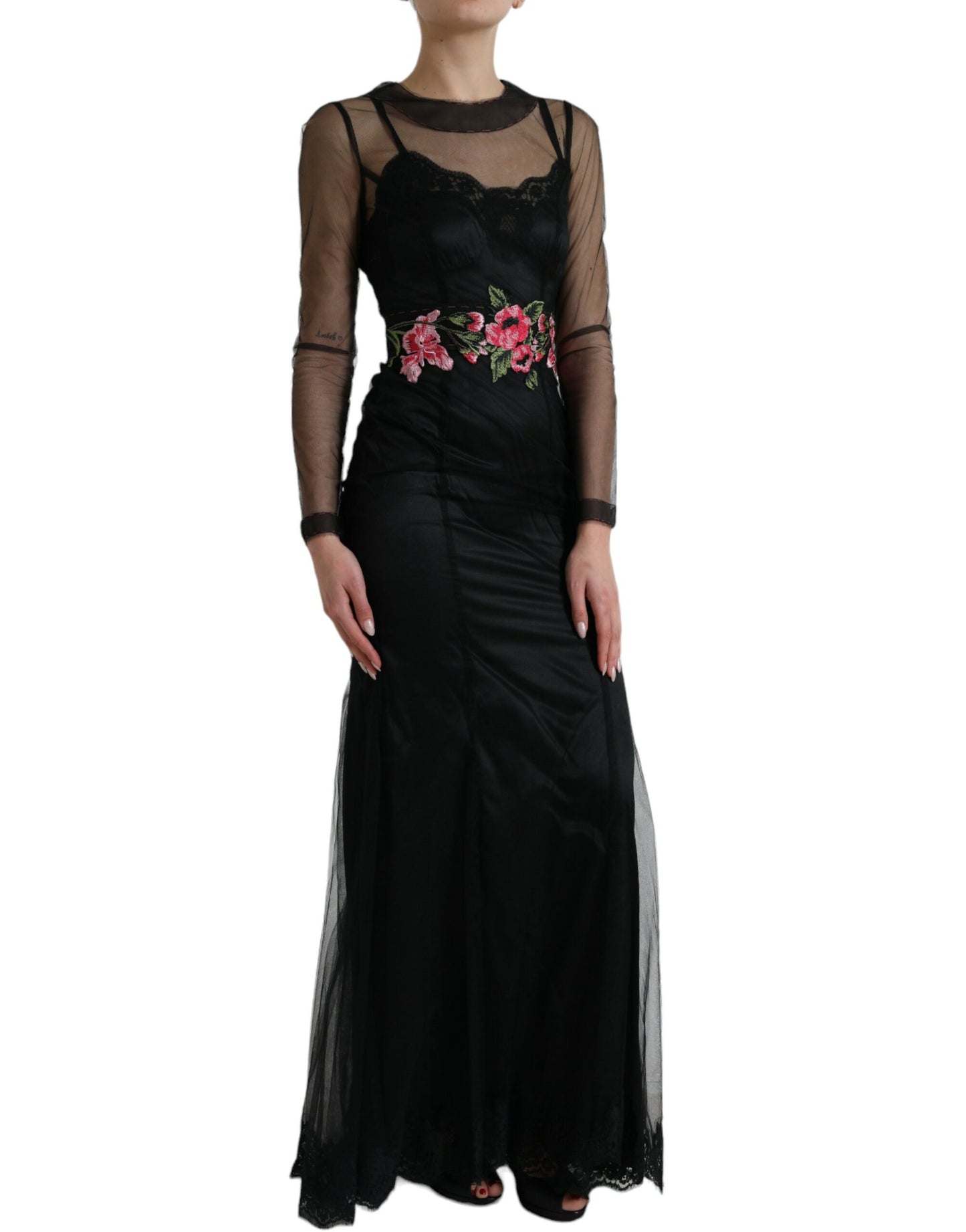 Dolce &amp; Gabbana Black Floral Embroidery Mesh Tulle Gown Dress