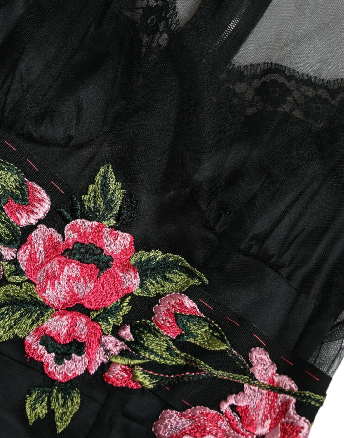 Dolce &amp; Gabbana Black Floral Embroidery Mesh Tulle Gown Dress