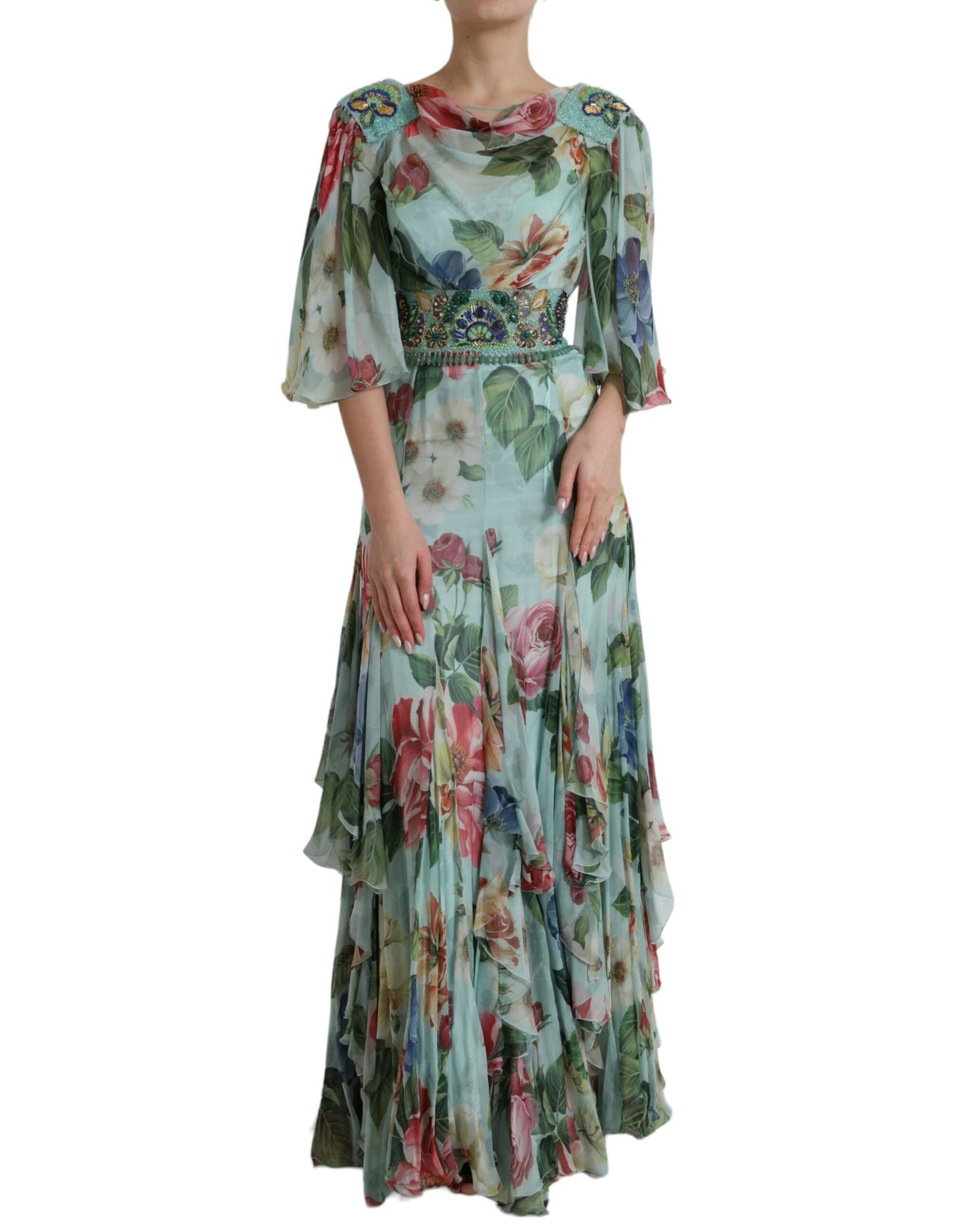 Dolce &amp; Gabbana Blue Floral Print Tiered Long Maxi Dress