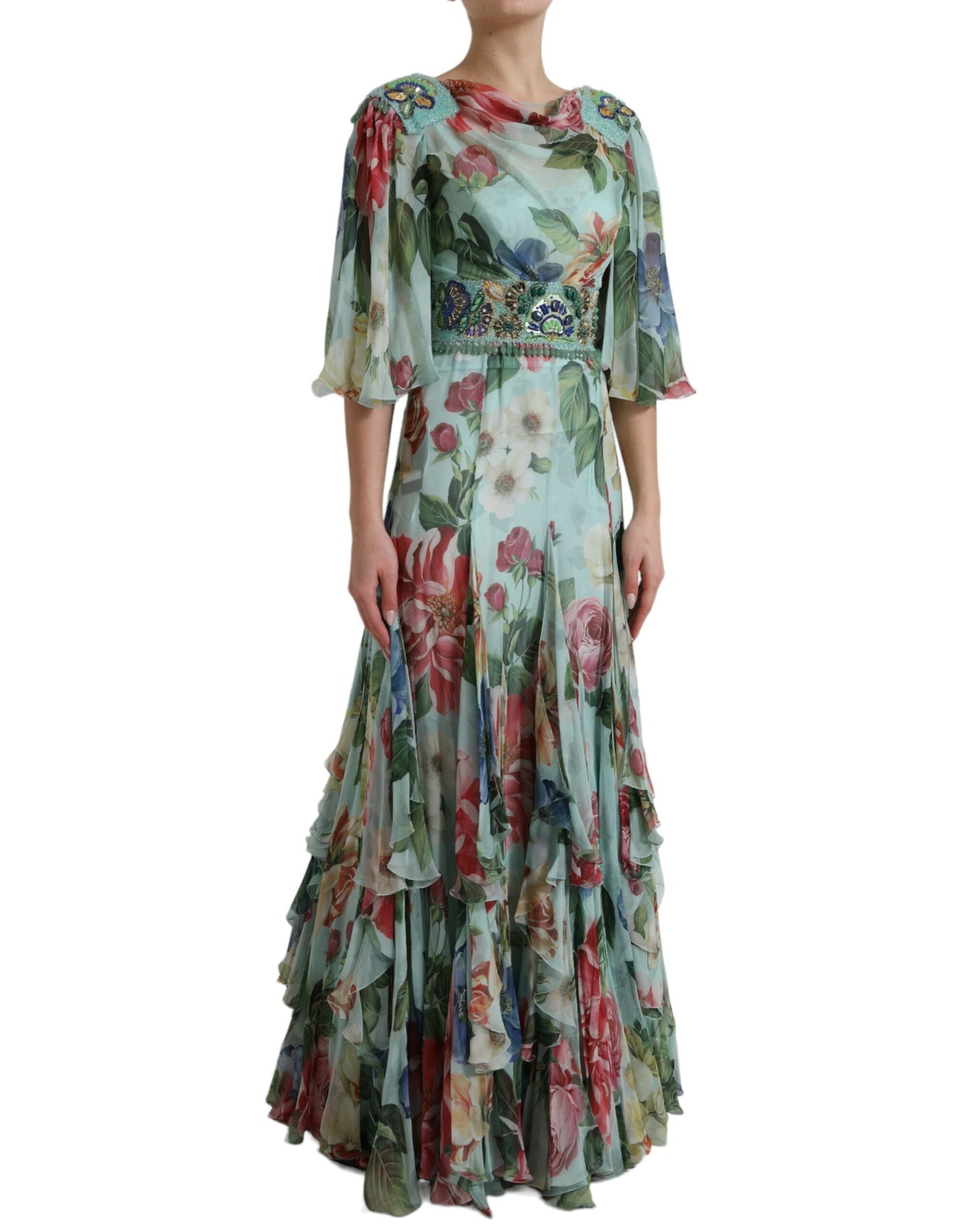 Dolce &amp; Gabbana Blue Floral Print Tiered Long Maxi Dress