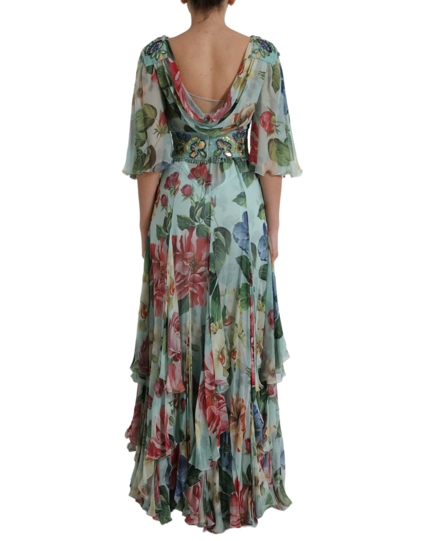 Dolce &amp; Gabbana Blue Floral Print Tiered Long Maxi Dress