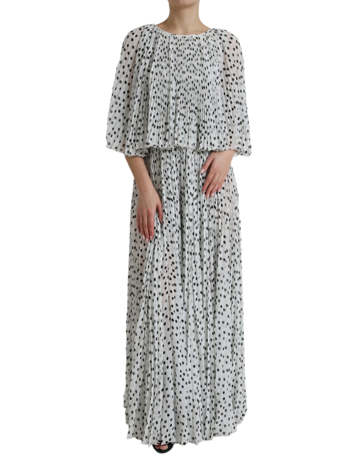 Dolce &amp; Gabbana White Polka Dot A-line Pleated Maxi Dress