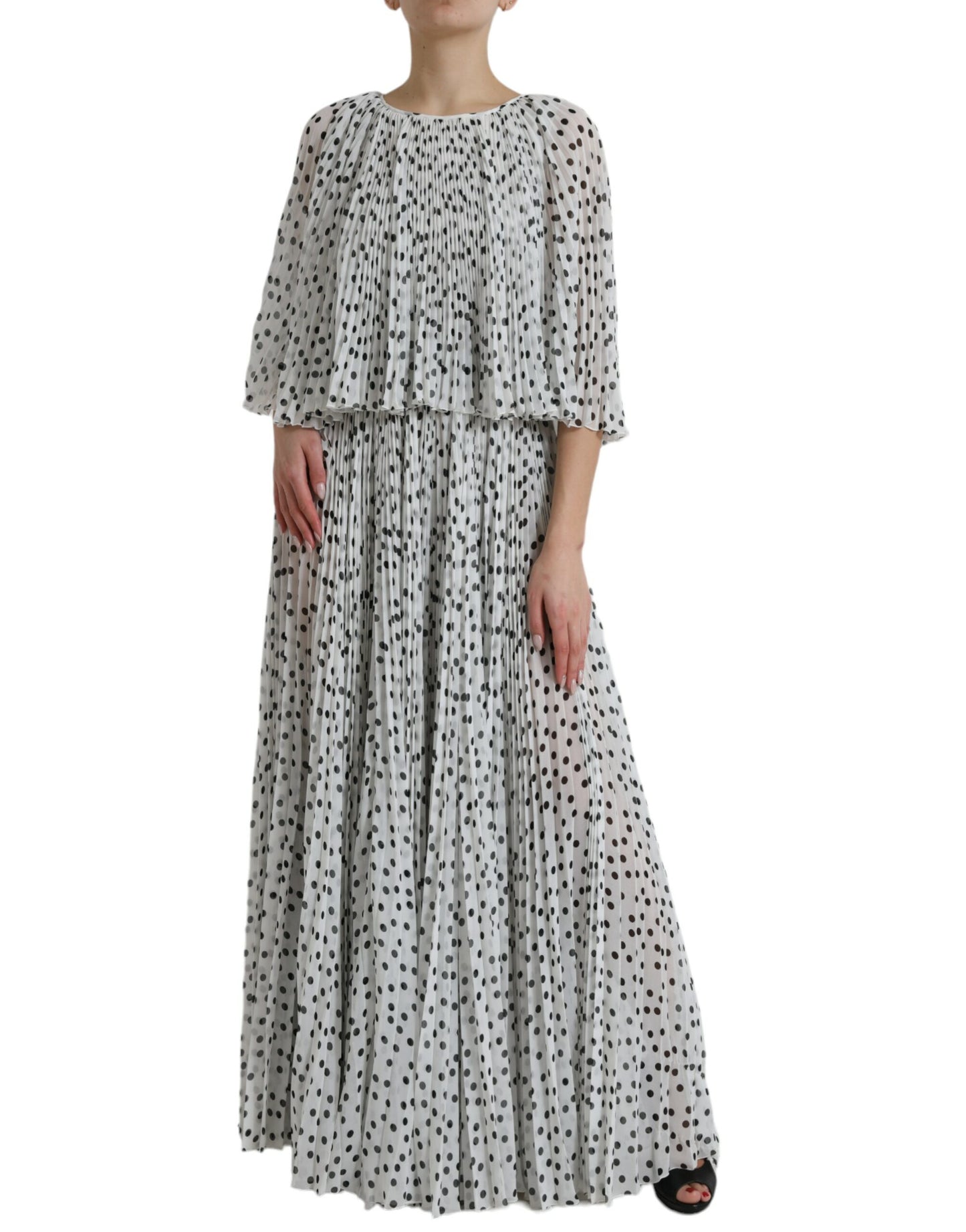 Dolce &amp; Gabbana White Polka Dot A-line Pleated Maxi Dress