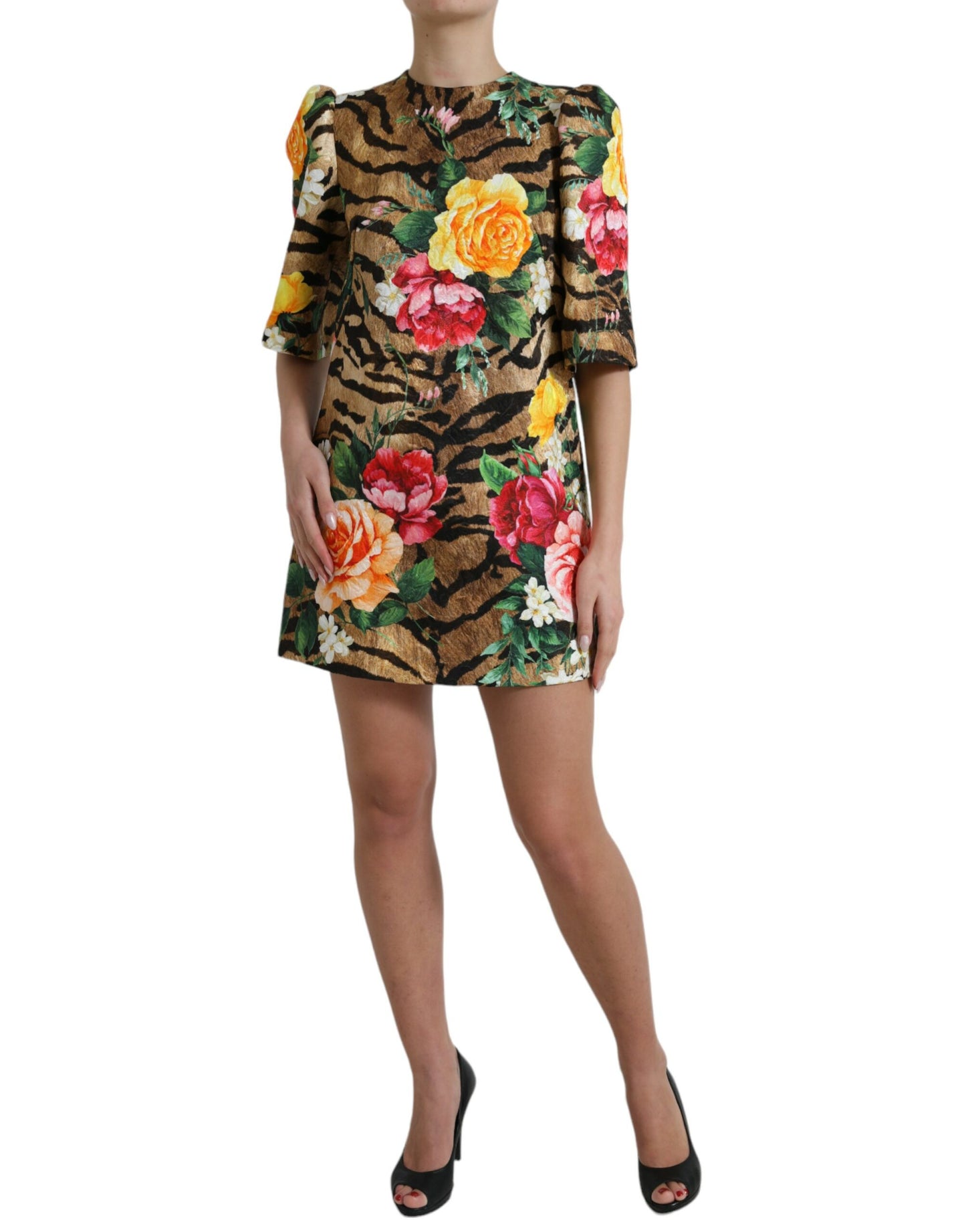 Dolce &amp; Gabbana Multicolor Tiger Floral Print Shift Mini Dress