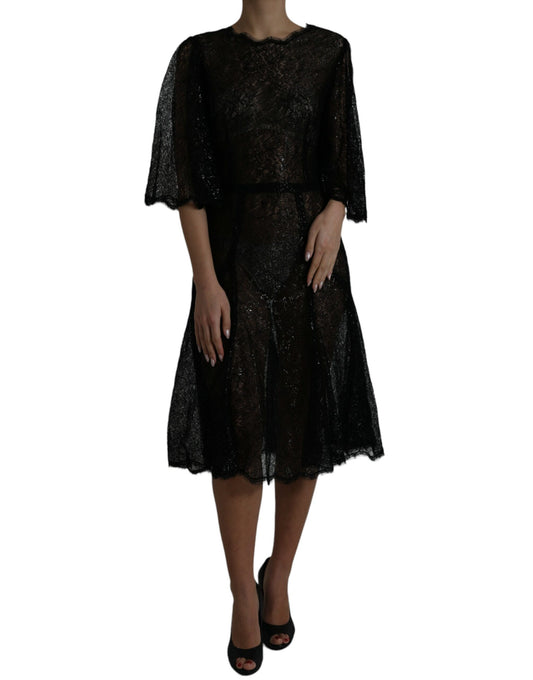 Dolce &amp; Gabbana Black Floral Lace Sheer A-line Midi Dress