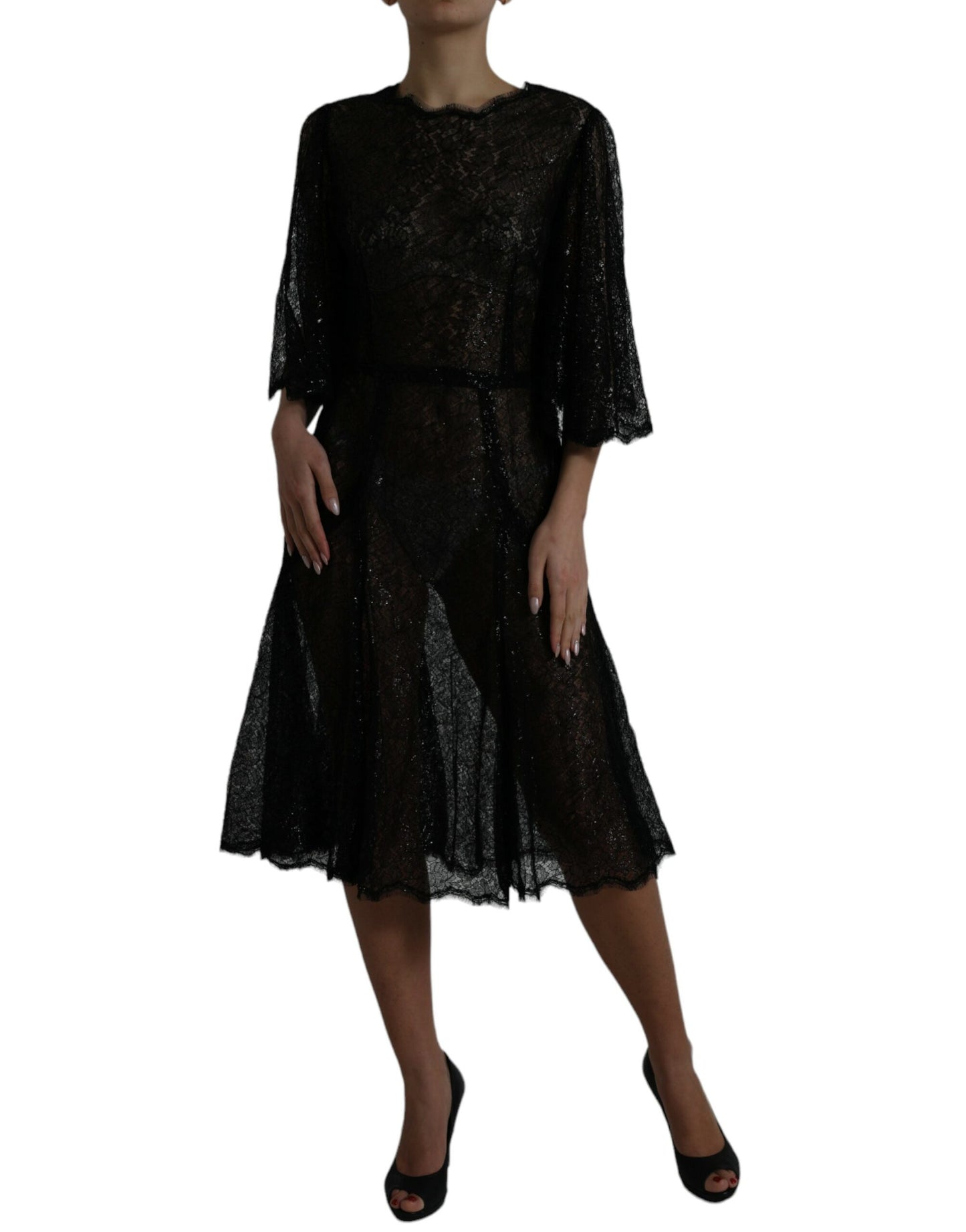 Dolce &amp; Gabbana Black Floral Lace Sheer A-line Midi Dress