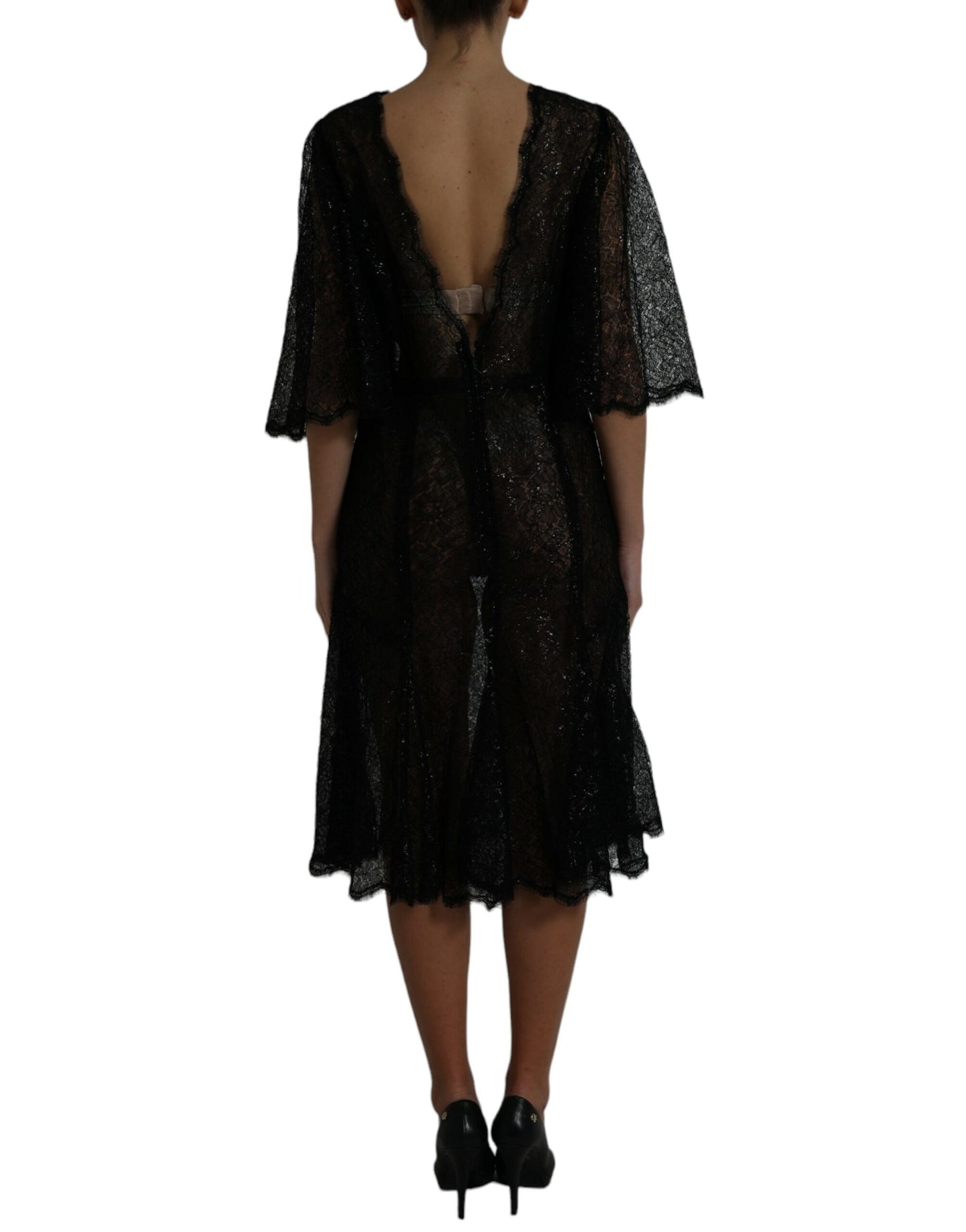 Dolce &amp; Gabbana Black Floral Lace Sheer A-line Midi Dress