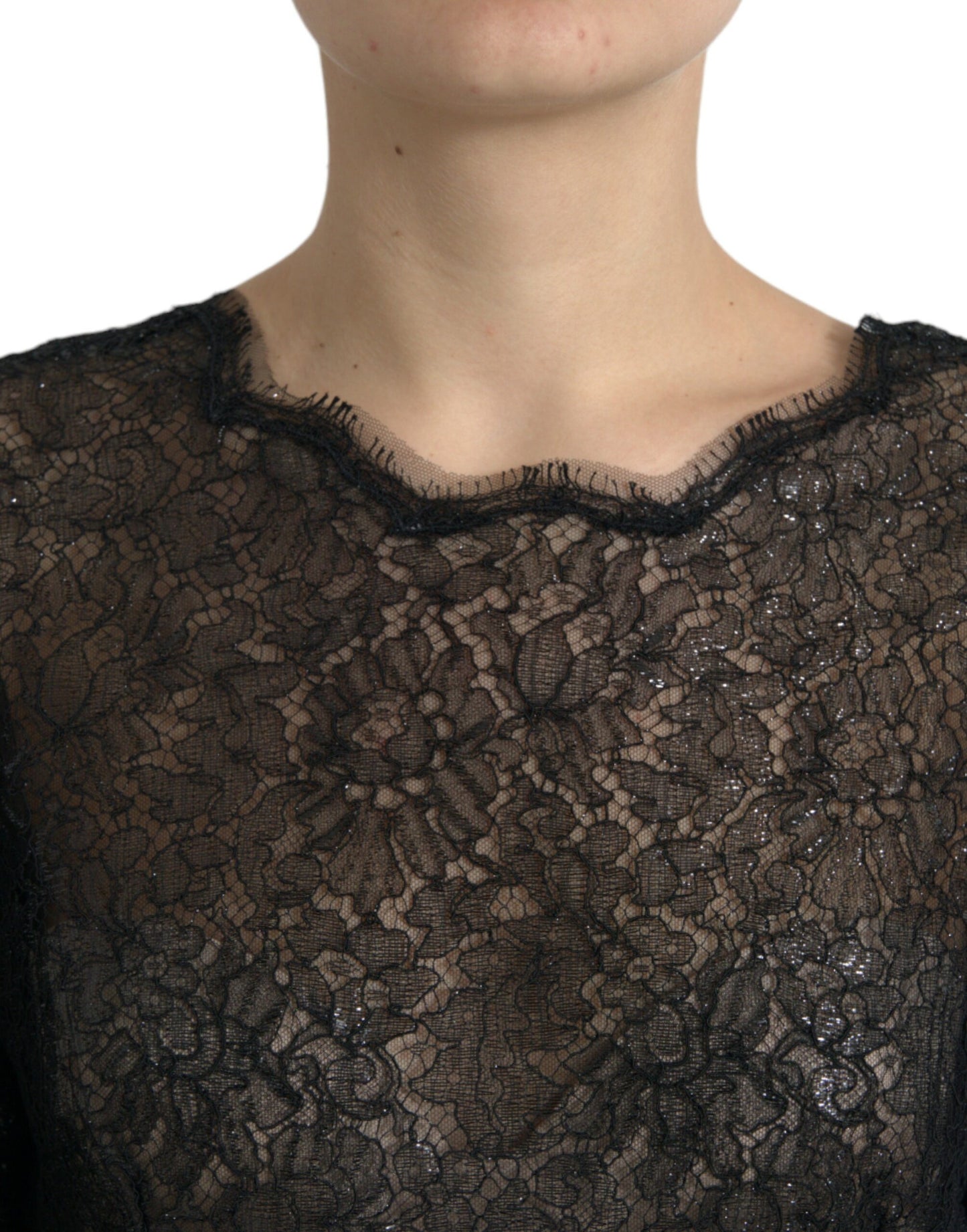 Dolce &amp; Gabbana Black Floral Lace Sheer A-line Midi Dress