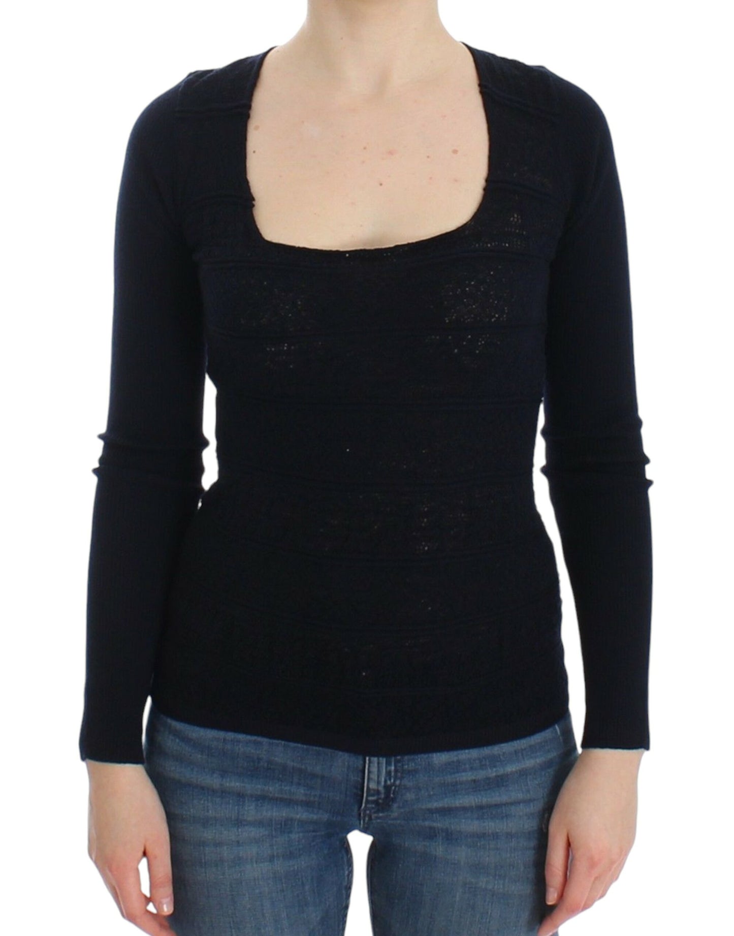 Ermanno Scervino Blaues gestricktes Woll-Stretch-Pullover-Oberteil